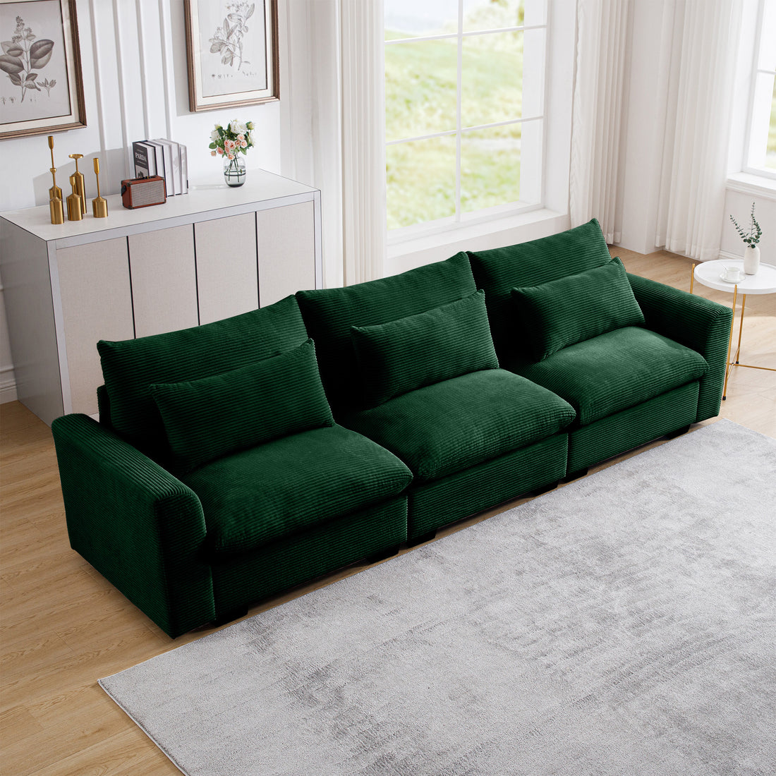 3 Seater Deep Seat Couches For Living Room, Wide And Deep Seat Comfy Living Roo Sofas With 3 Waist Pillows, Green Corduroy Green Corduroy 3 Seat