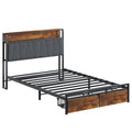 Twin Size Bed Frame Upholstered Platform Bed Frame With Storage Drawers, Usb Ports, Led Lights, Upholstered Wingback Headboard, Rustic Brown Box Spring Not Required Twin Antique Black Metal Brown