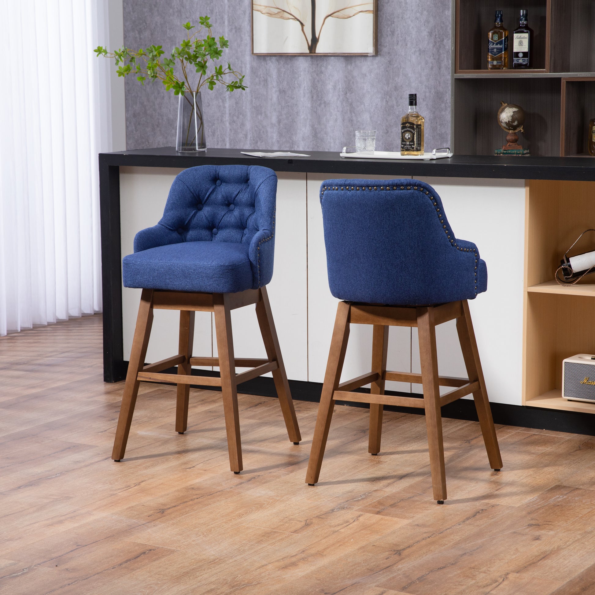 Coolmore Bar Stools Set Of 2 Counter Height Chairs With Footrest For Kitchen, Dining Room And 360 Degree Solid Wood Legs Swivel Bar Stools Set Of 2 Navy Linen Navy Foam Linen