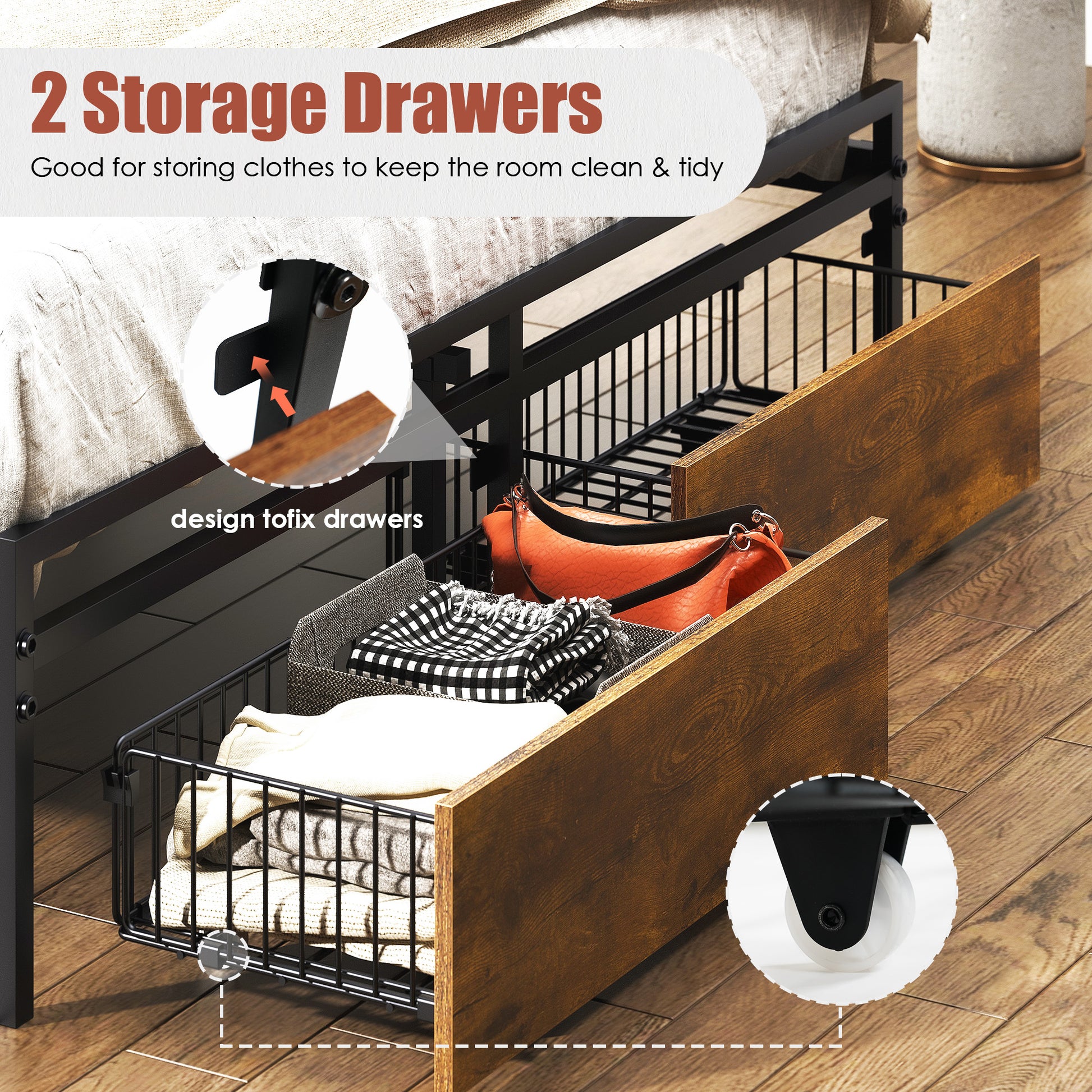 Twin Size Bed Frame Upholstered Platform Bed Frame With Storage Drawers, Usb Ports, Led Lights, Upholstered Wingback Headboard, Rustic Brown Box Spring Not Required Twin Antique Black Metal Brown