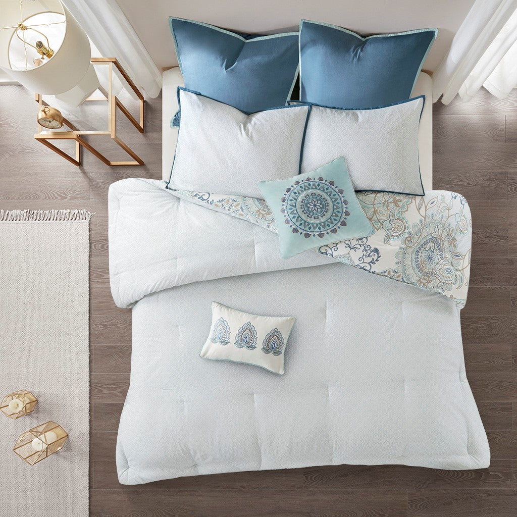 8 Piece Cotton Floral Printed Reversible Comforter Set Blue Queen Queen Blue Cotton