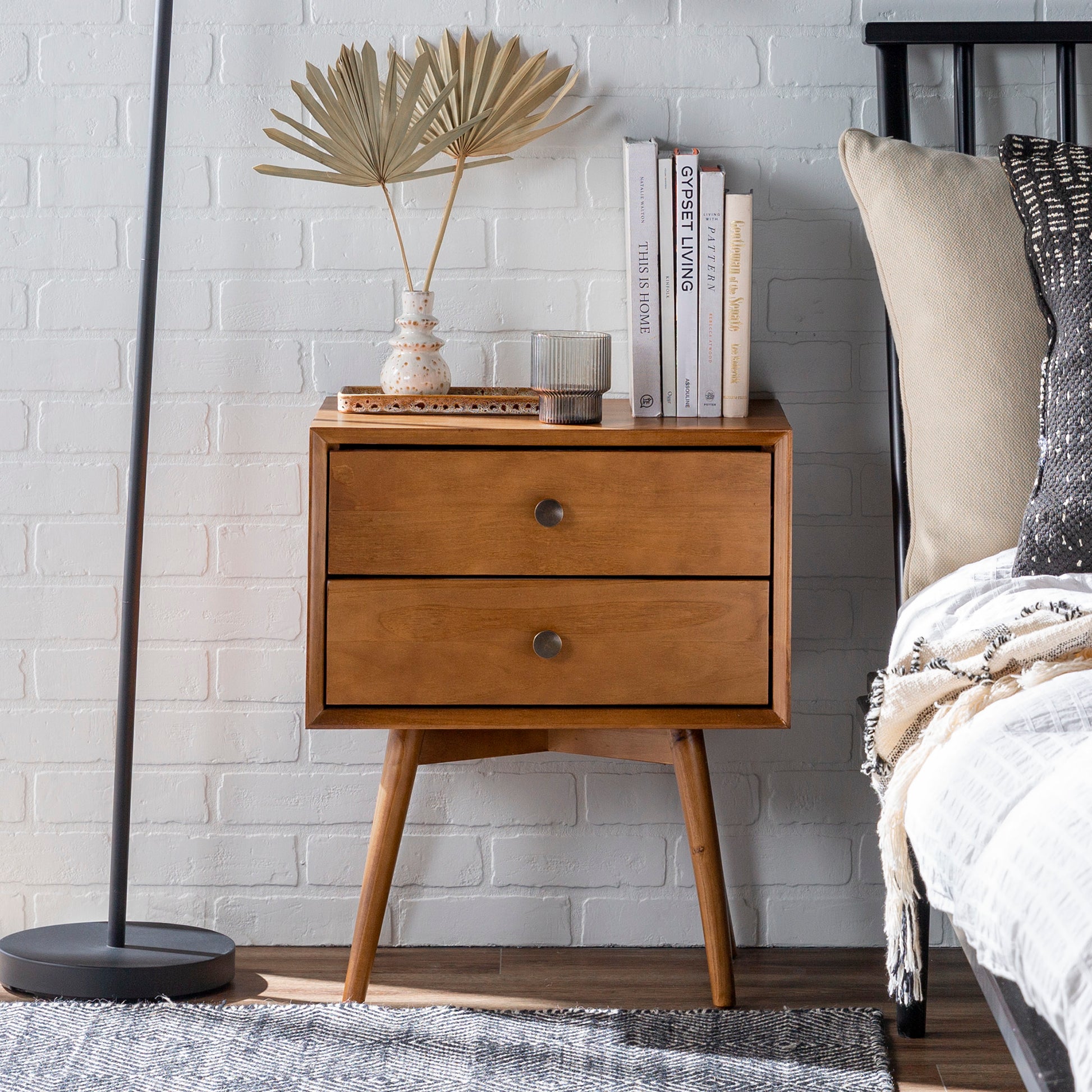 Mid Century Modern Double Drawer Solid Wood Nightstand Caramel Caramel Pine