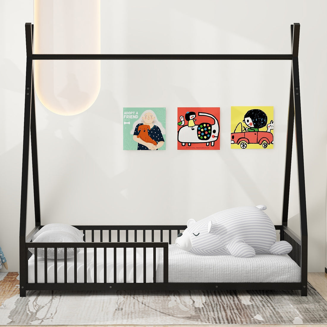 Metal Twin Size House Platform Bed With Triangle Structure And Guardrail, Black Box Spring Not Required Twin Black Metal Metal