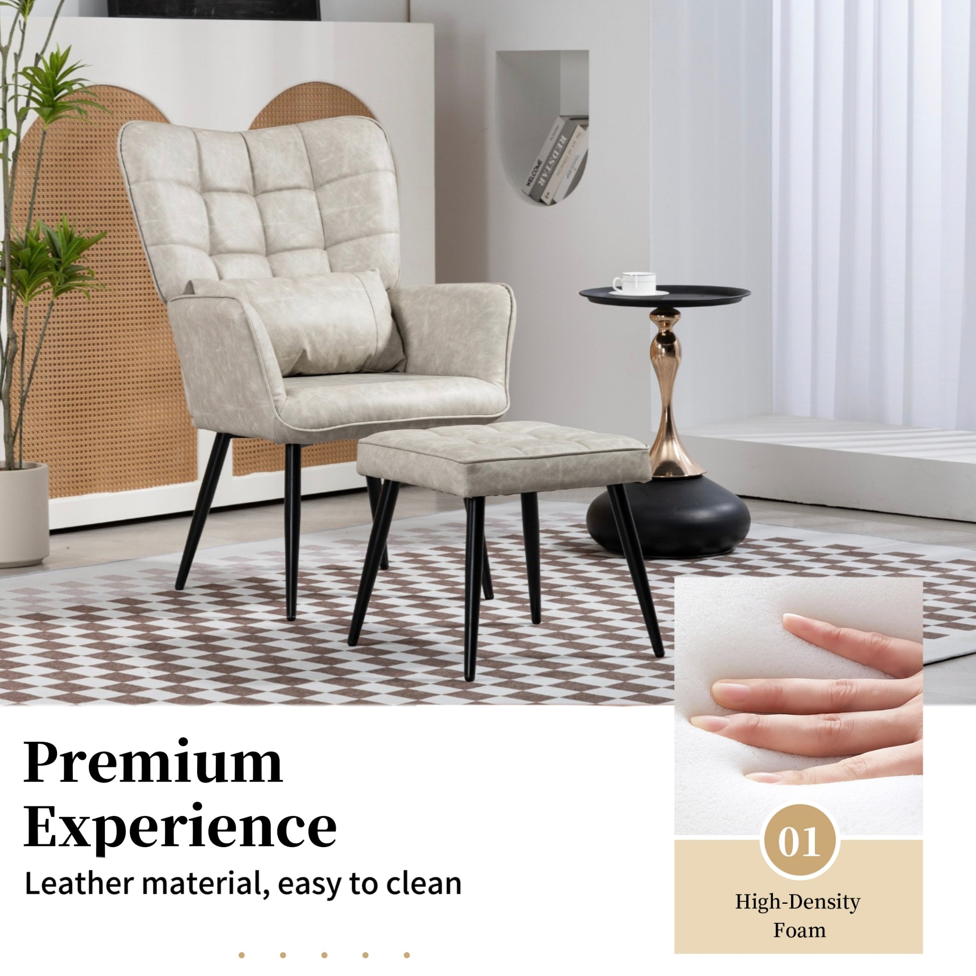 Pu Leather Accent Chair, Upholstered High Backrest Arm Chair With Solid Metal Legs, Tufted Button Design Reading Chair, Sofa Chair For Bedroom, Living Room, Office, Beige Beige Bedroom Casual Foam Pu Leather