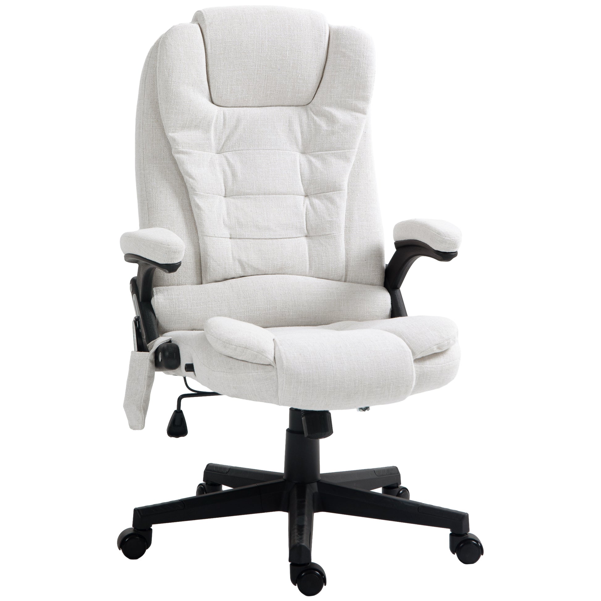Homcom 6 Point Vibrating Massage Office Chair With Heat, Linen High Back Executive Office Chair With Reclining Backrest, Padded Armrests And Remote, Cream White Cream White Polyester