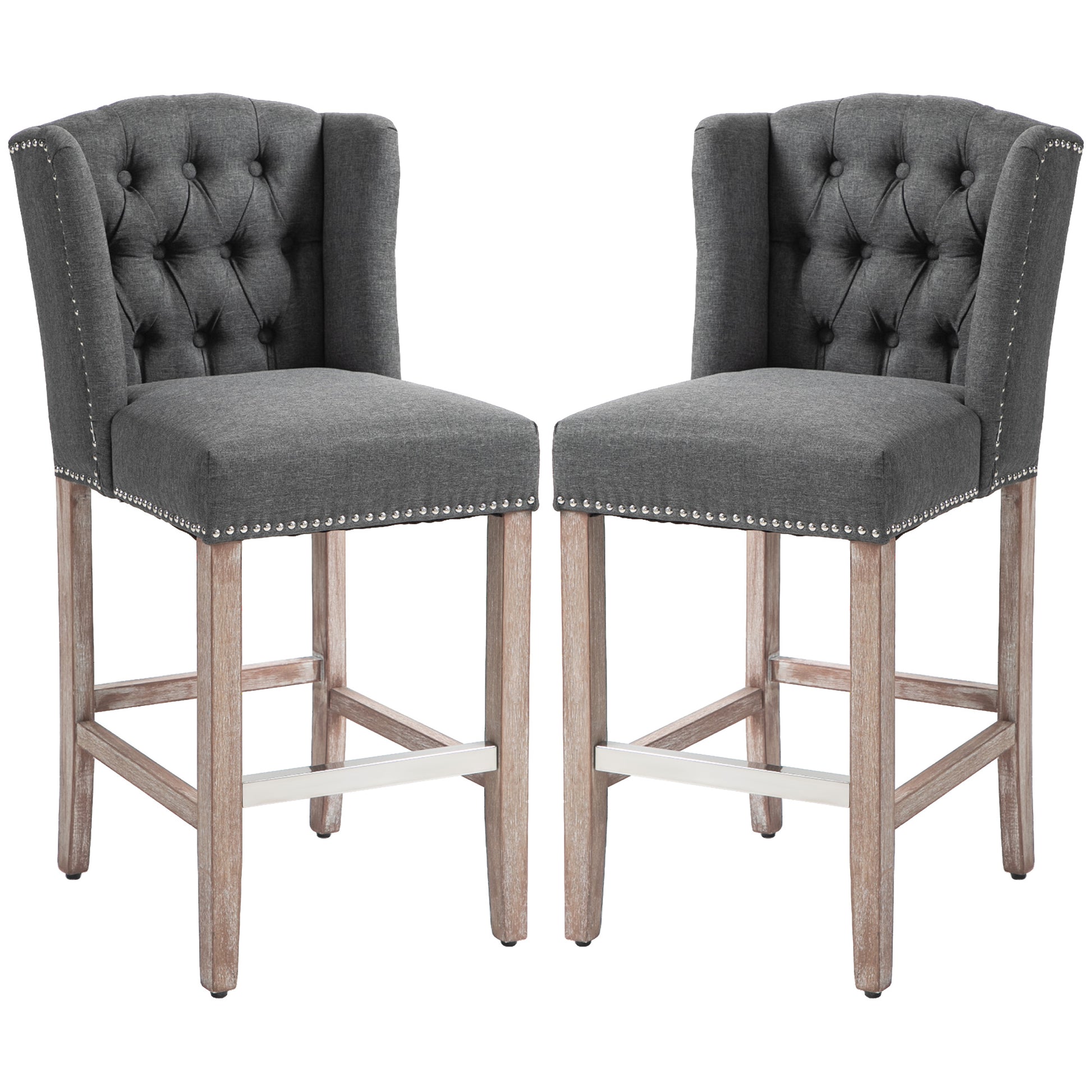 Homcom Counter Height Bar Stools Set Of 2, 27" Seat Height Upholstered Barstools, Farmhouse Kitchen Island Stools With Trim, Tufted Back And Wooden Legs, Dark Gray Dark Gray Polyester