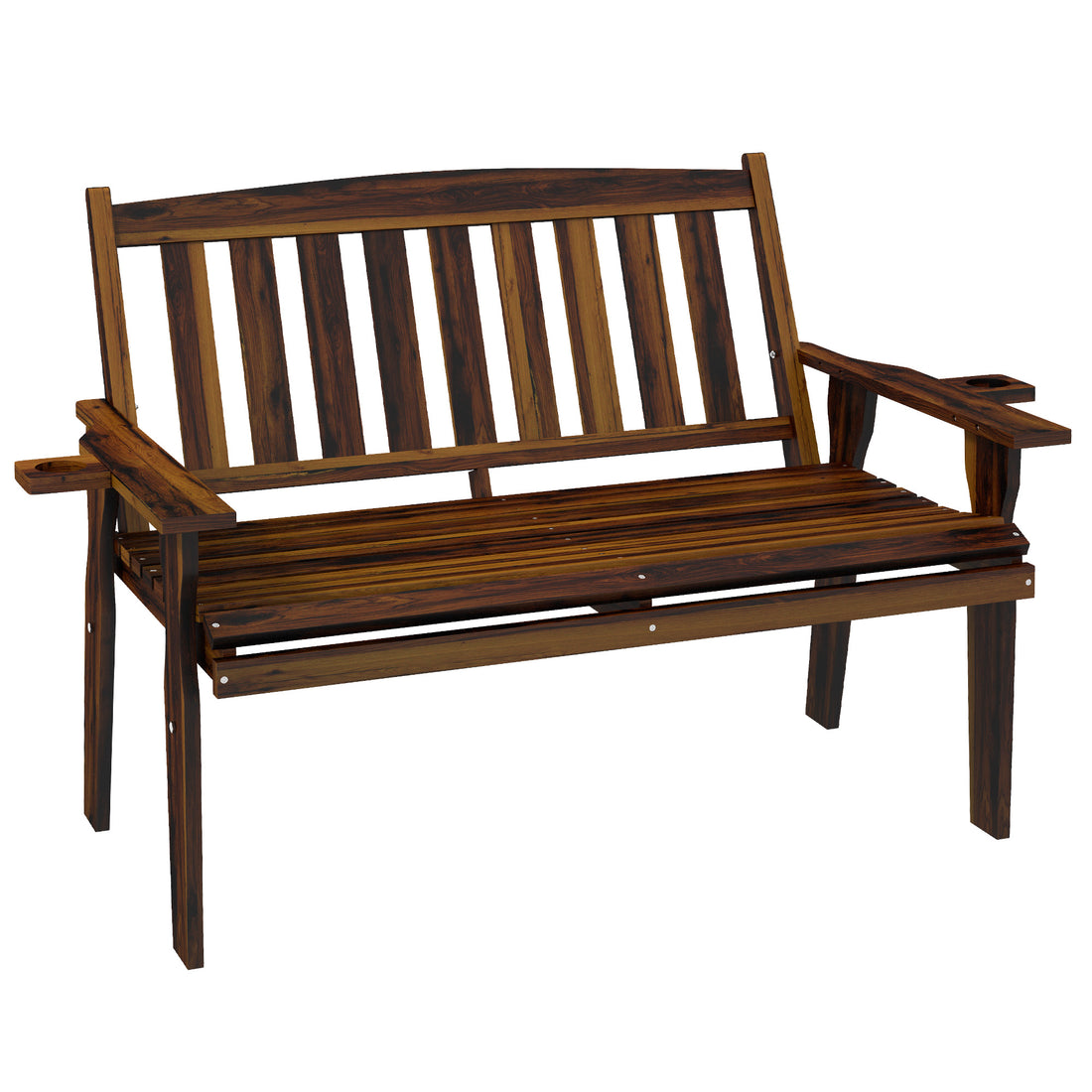 Outsunny Wood Outdoor Bench, 2 Person Garden Bench With Cupholder Armrests, Slatted Seat And Backrest, Park Bench For Patio, Porch, Lawn, Deck, Carbonized Black Brown Wood