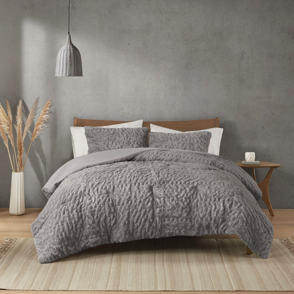 Ruched Fur Down Alternative Comforter Set King Grey Polyester