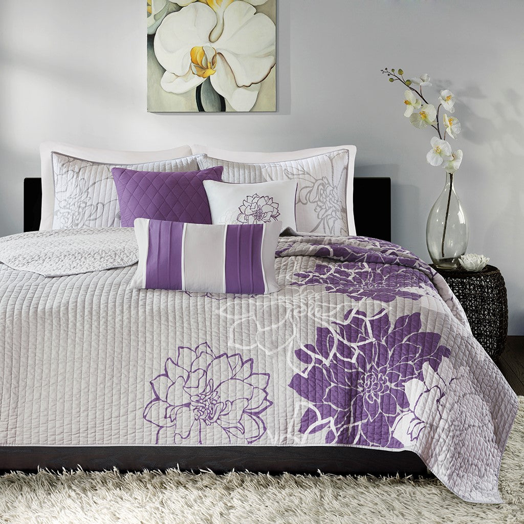 6 Piece Printed Cotton Quilt Set With Throw Pillows Taupe Grey Purple Full Queen Full Purple Cotton