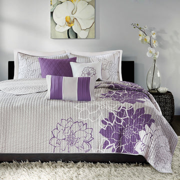 6 Piece Printed Cotton Quilt Set With Throw Pillows Taupe Grey Purple Full Queen Full Purple Cotton