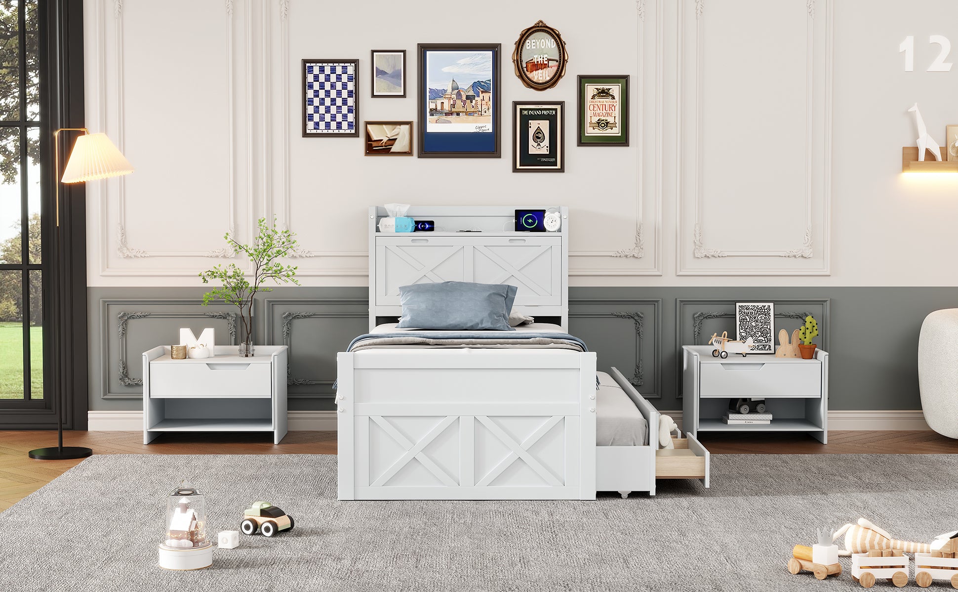 Twin Size Wooden Bed With Storage Headboard With Outlets, Extendable Bed With Twin Size Trundle With Three Storage Drawers,White Twin White Wood