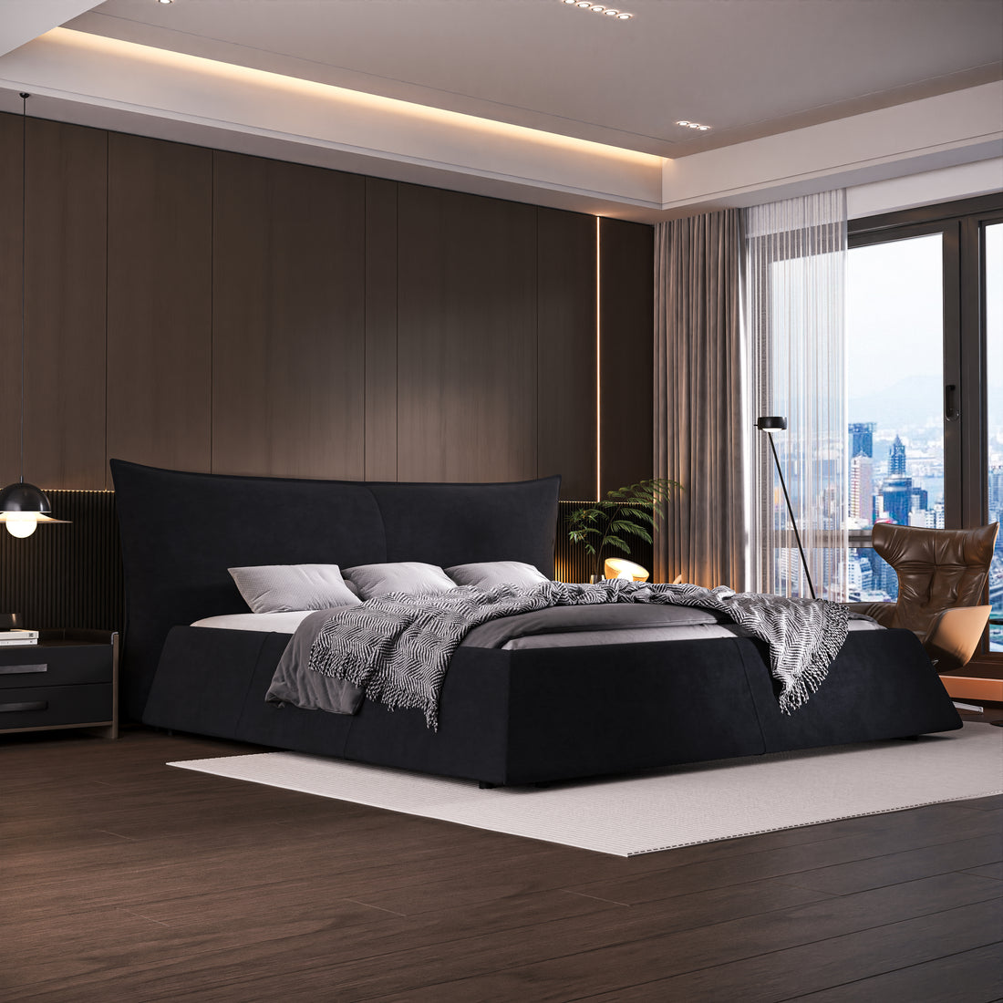King Size Upholstered Platform Bed With Special Shaped Velvet Headboard, Metal & Solid Wood Frame,Black Box Spring Not Required King Black Pine Velvet Velvet
