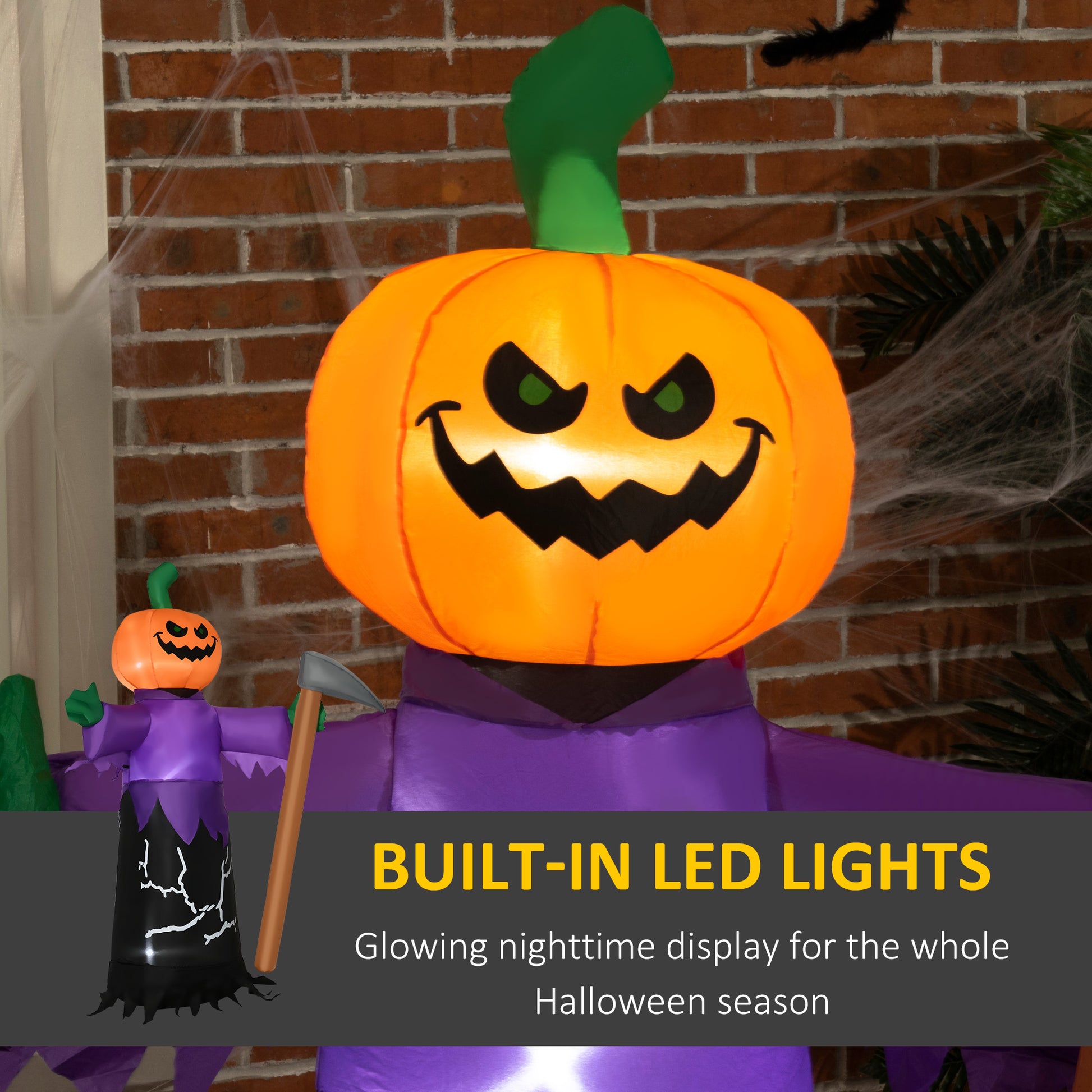 Outsunny 5' Inflatable Halloween Pumpkin Grim Reaper, Blow Up Outdoor Led Yard Display, Waterproof Purple Polyester