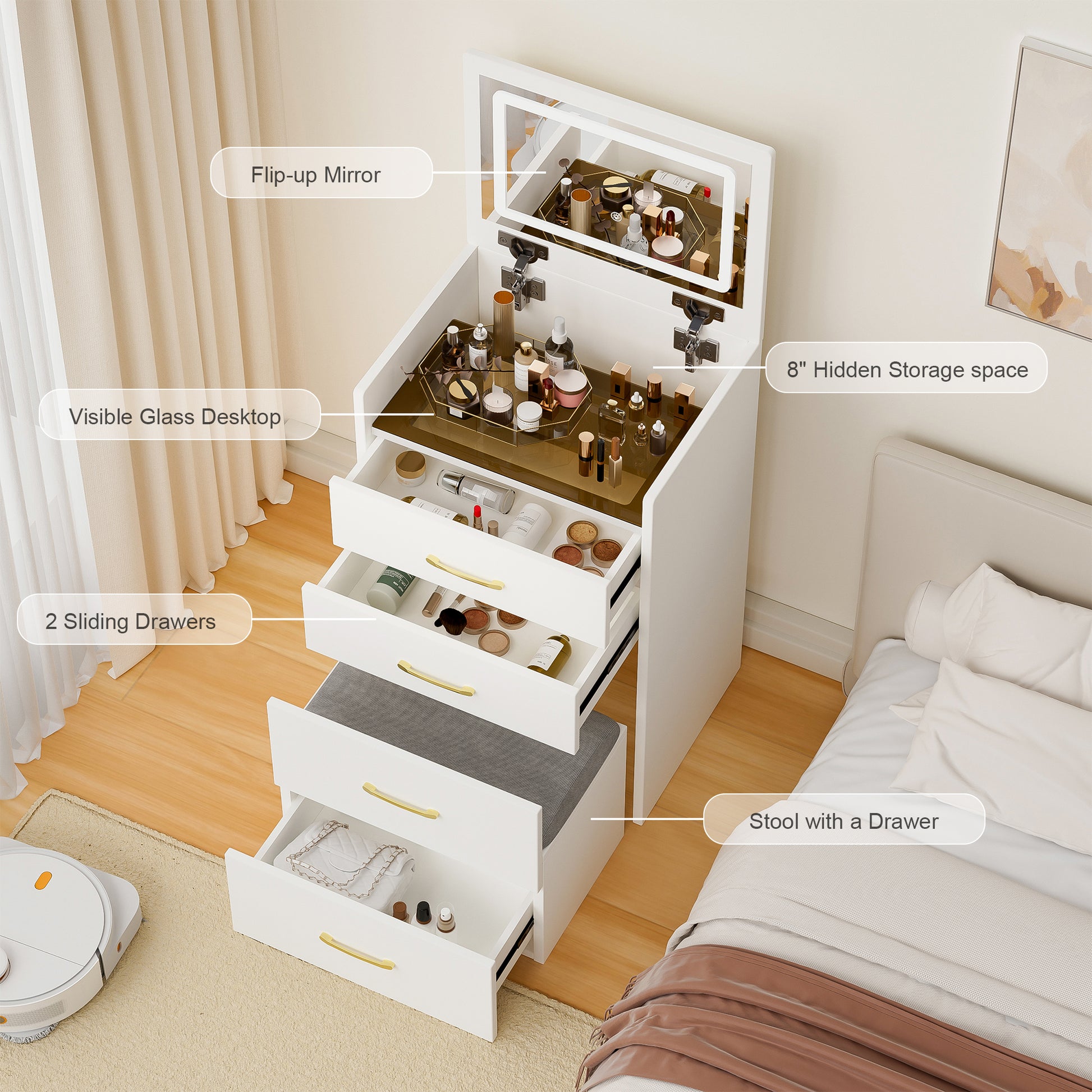 3 In 1 Vanity Desk With Open Top Mirror,Small Make Up Vanity Set With Visible Glass Desktop,Compact Makeup Vanity With 3 Drawers,Dressing Table For Bedroom White White Drawer 3 Drawers Bedroom Ball