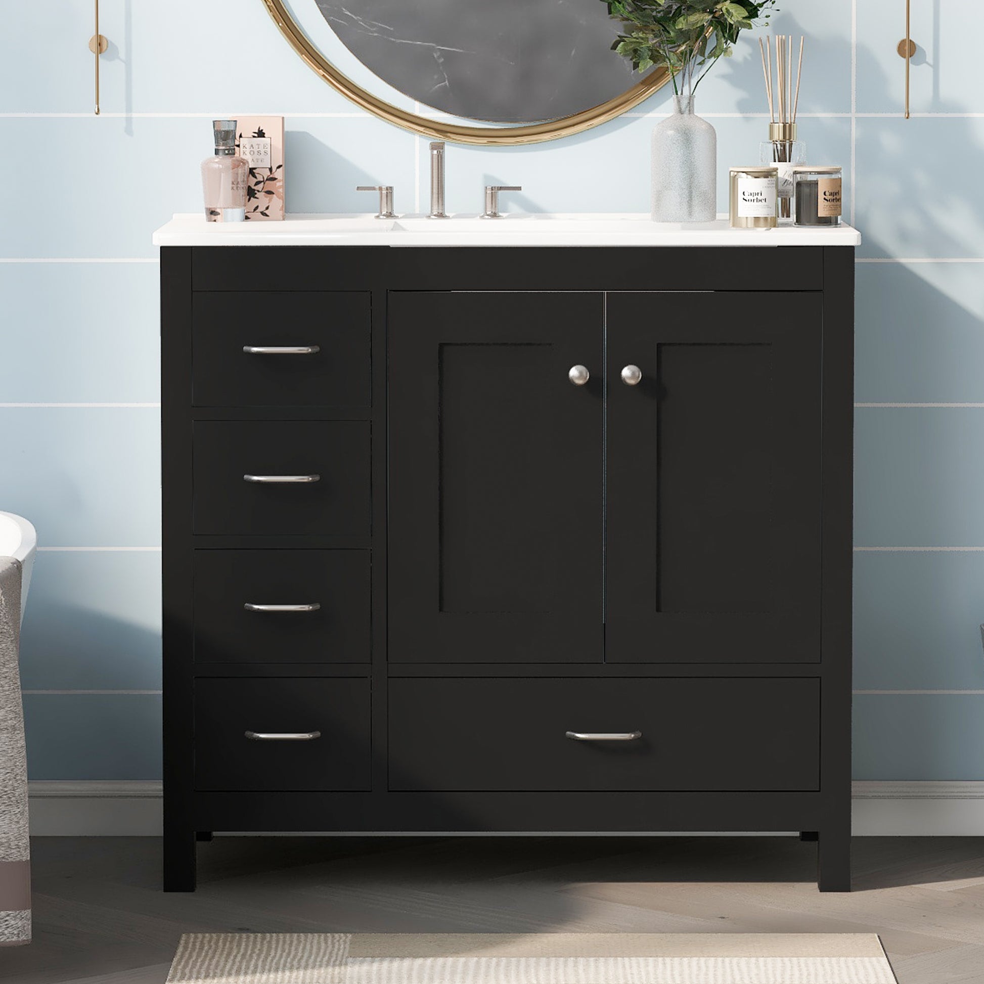 36" Black Bathroom Vanity With Ceramic Sink Combo, Abundant Storage Cabinet 2 Soft Close Doors And 5 Drawers Black Bathroom Solid Wood Mdf