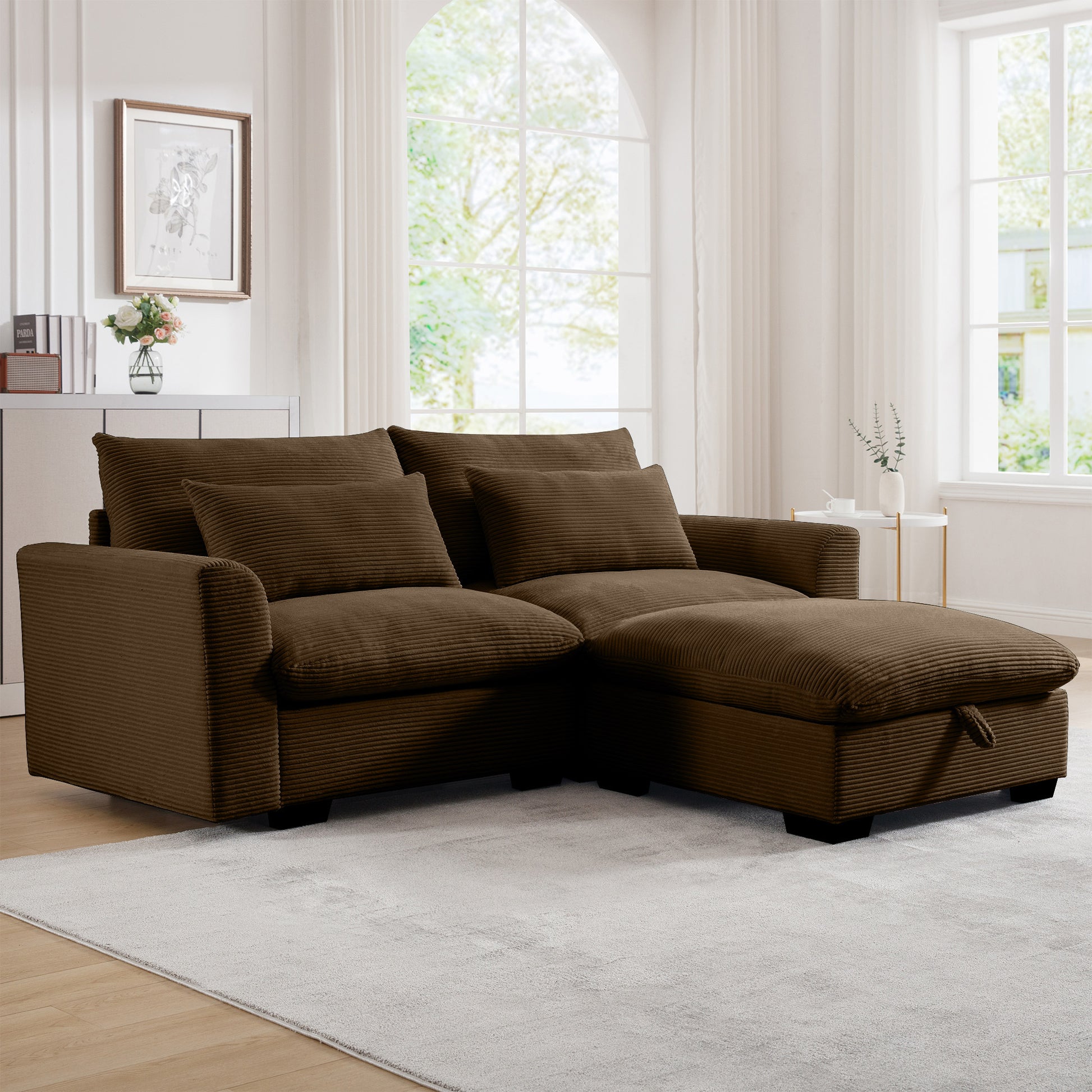 Sectional Sofa Comfy Corduroy Couch For Living Room With Pillows And Round Armrests, Modern Corduroy Sofa Sleeper Deep Couches With Storage Ottoman Brown, 2 Seat Brown Corduroy 2 Seat