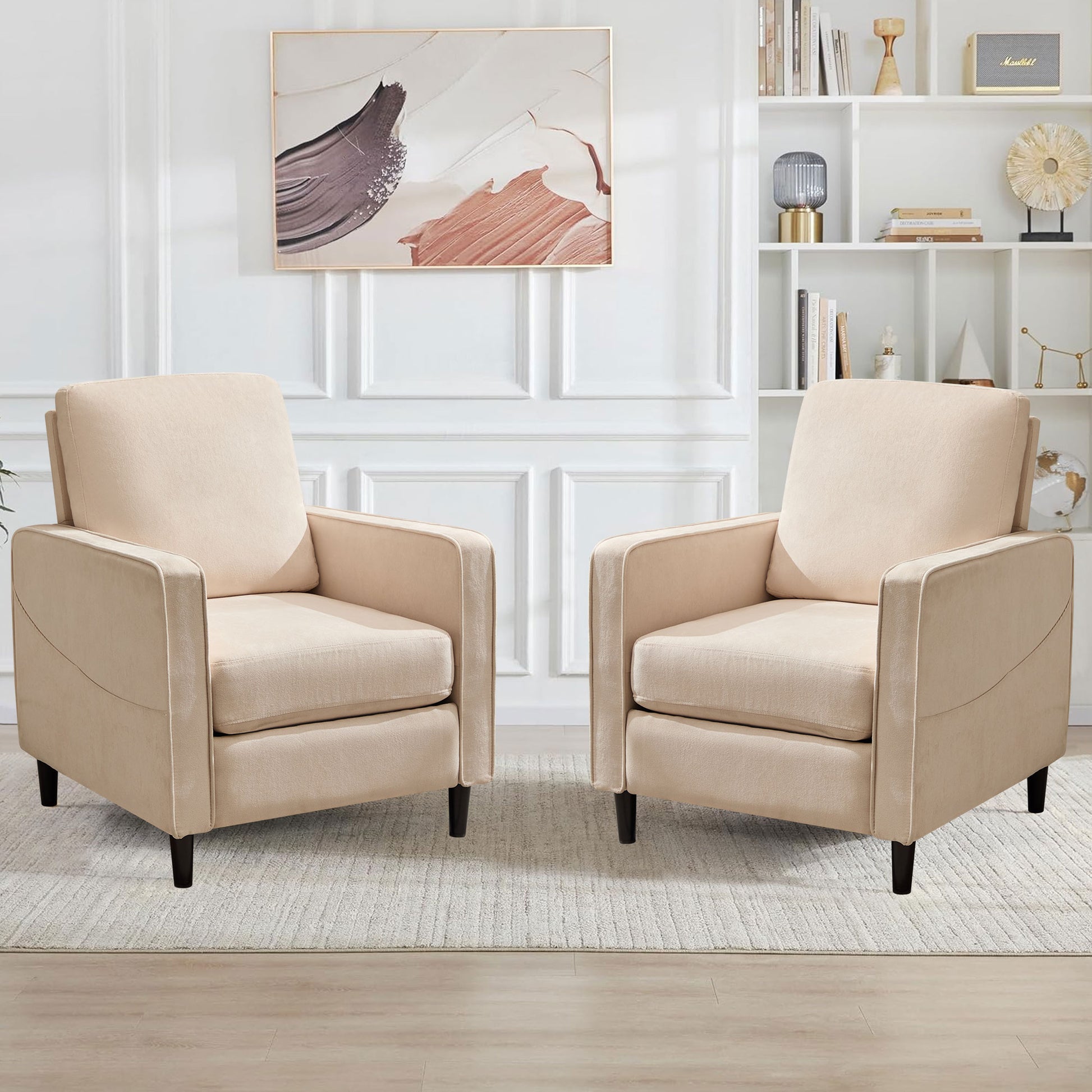 Mid Century Accent Chair ,Modern Linen Fabric Armchair For Living Room,Double Side Pockets, Comfortable And Padded Reading Feature Sofa Chair, Suitable For Bedrooms, Living Rooms, And Offices,Beige Beige Linen