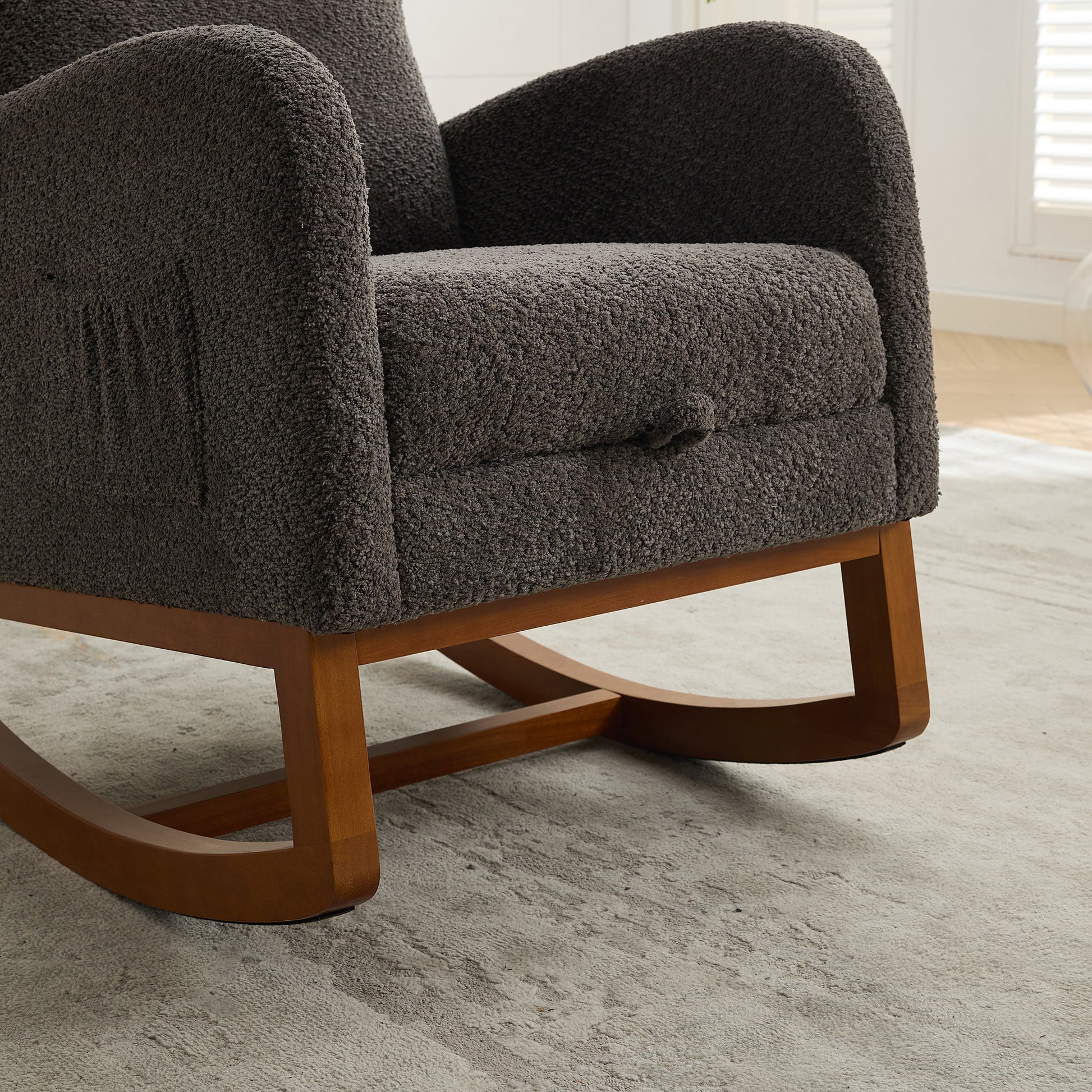 25.4"W Rocking Chair For Nursery, High Back Glider Chair With Retractable Footrest, Side Pocket, Rocking Accent Armchair With Rubber Wood Legs For Living Room Bedroom.Charcoal Charcoal Boucle