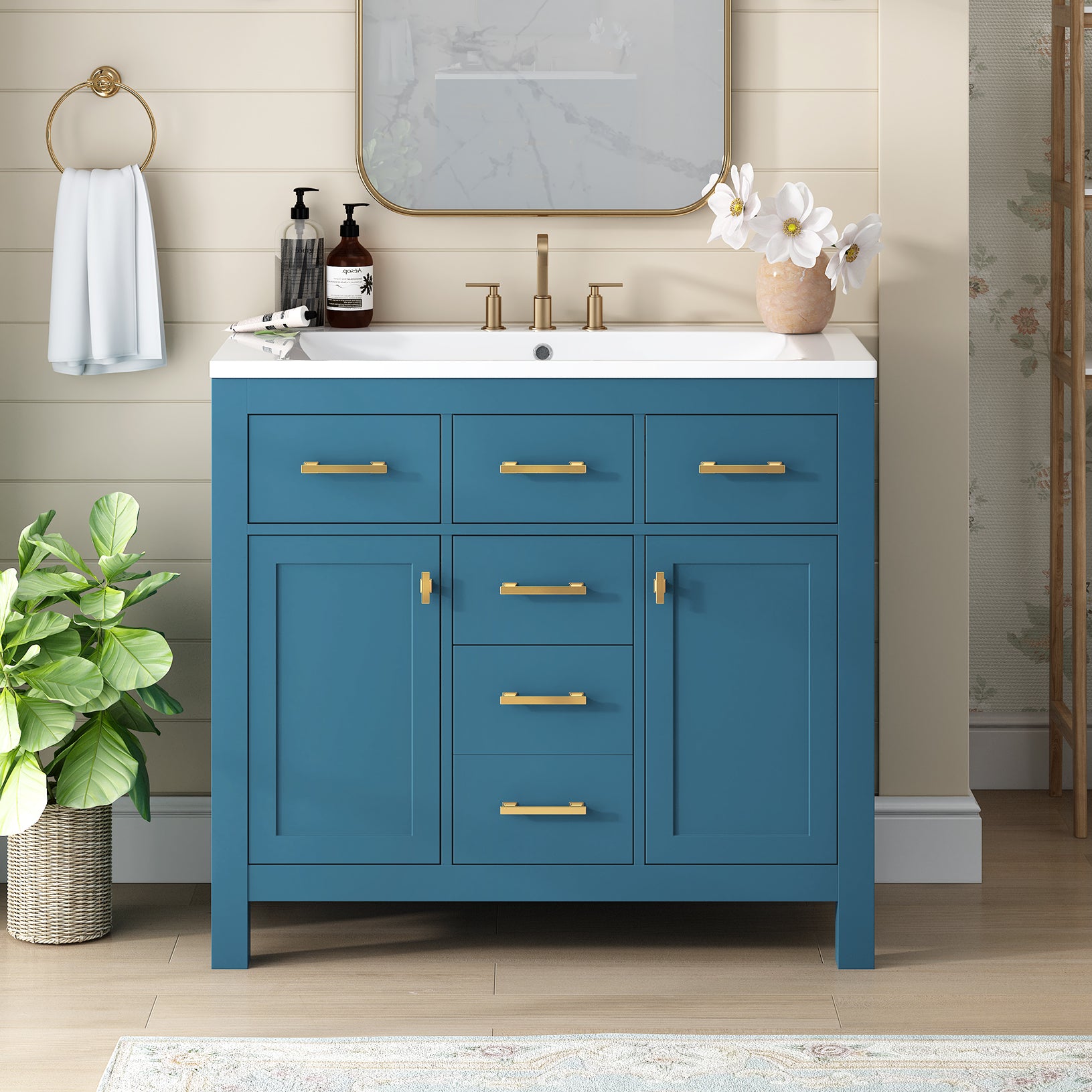 36'' Bathroon Vanity With Resin Sink Combo Set,Modern Freestanding Single Bathroom Cabinet With 4 Drawers & 2 Cabinets,Storage Cabinet For Bathroom, Solid Wood Frame Vanity Set Same As Sw000130Aac