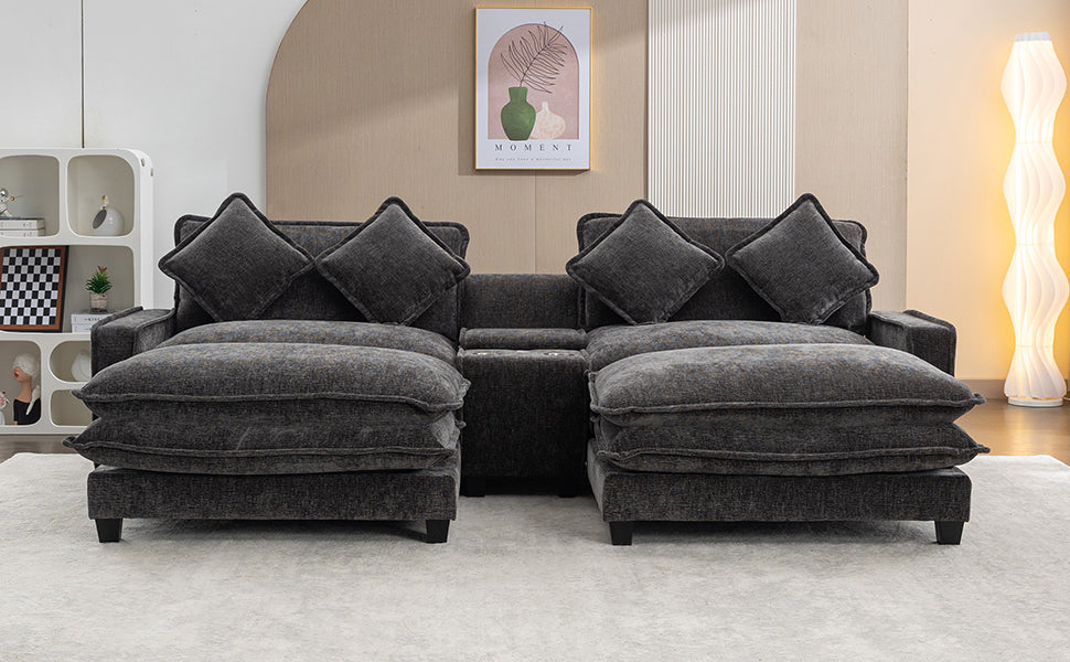 112.6" Sectional Sofa Chenille Upholstered Sofa With Two Removable Ottoman, Two Usb Ports, Two Cup Holders And Large Storage Box For Living Room, Black Black Foam Chenille 2 Seat