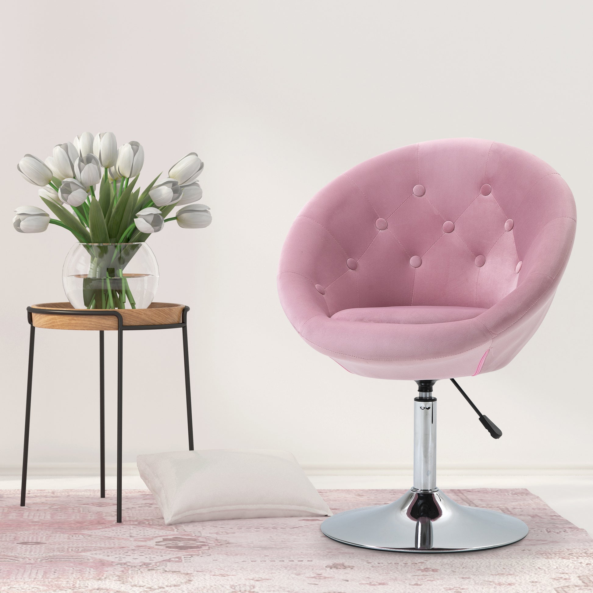 Homcom Modern Makeup Vanity Chair Round Tufted Swivel Accent Chair With Chrome Frame Height Adjustable For Living Room, Bedroom Pink Pink Steel