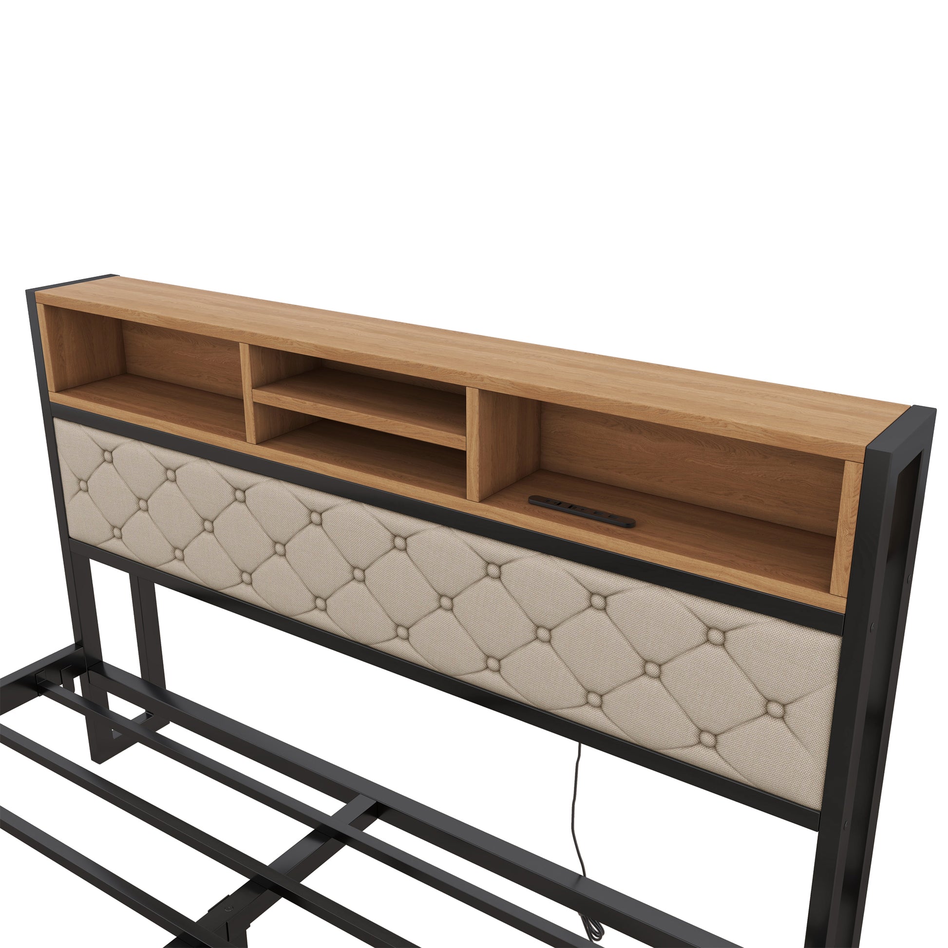 Metal Queen Size Platform Bed With 4 Drawers, Upholstered Headboard And Footboard, Sockets And Usb Ports, Beige Queen Beige Black Fabric Metal
