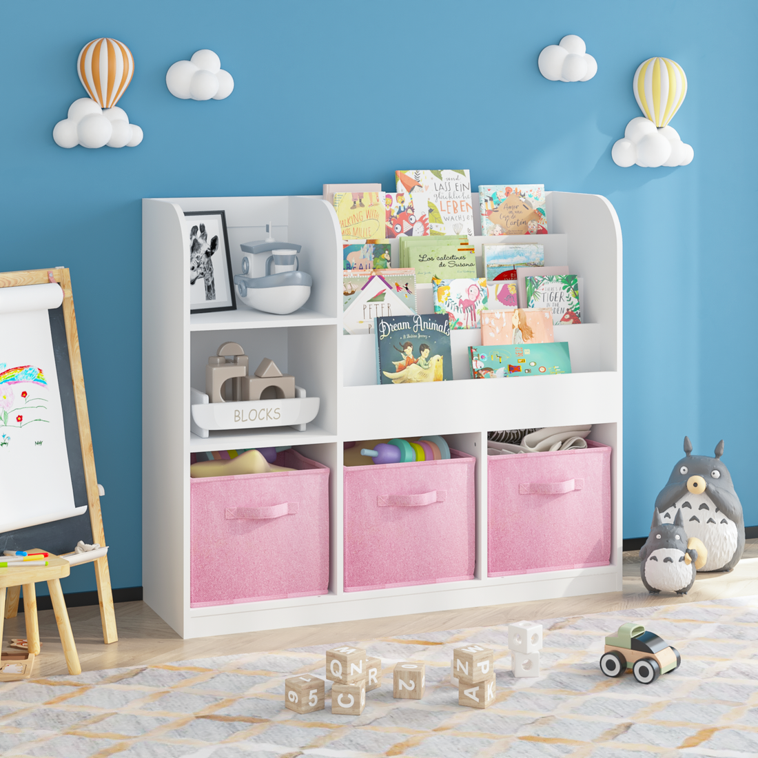 Kids Bookcase And Bookshelf, Multifunctional Bookcase With 3 Collapsible Fabric Drawers, Bookcase Display Stand, Toy Storage Organizer For Bedroom, Playroom, Hallway White Pink White Pink Fabric,Mdf