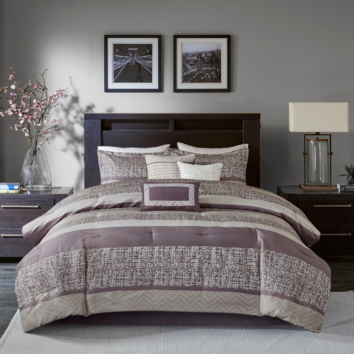 7 Piece Jacquard Comforter Set Purple Queen Queen Purple Polyester
