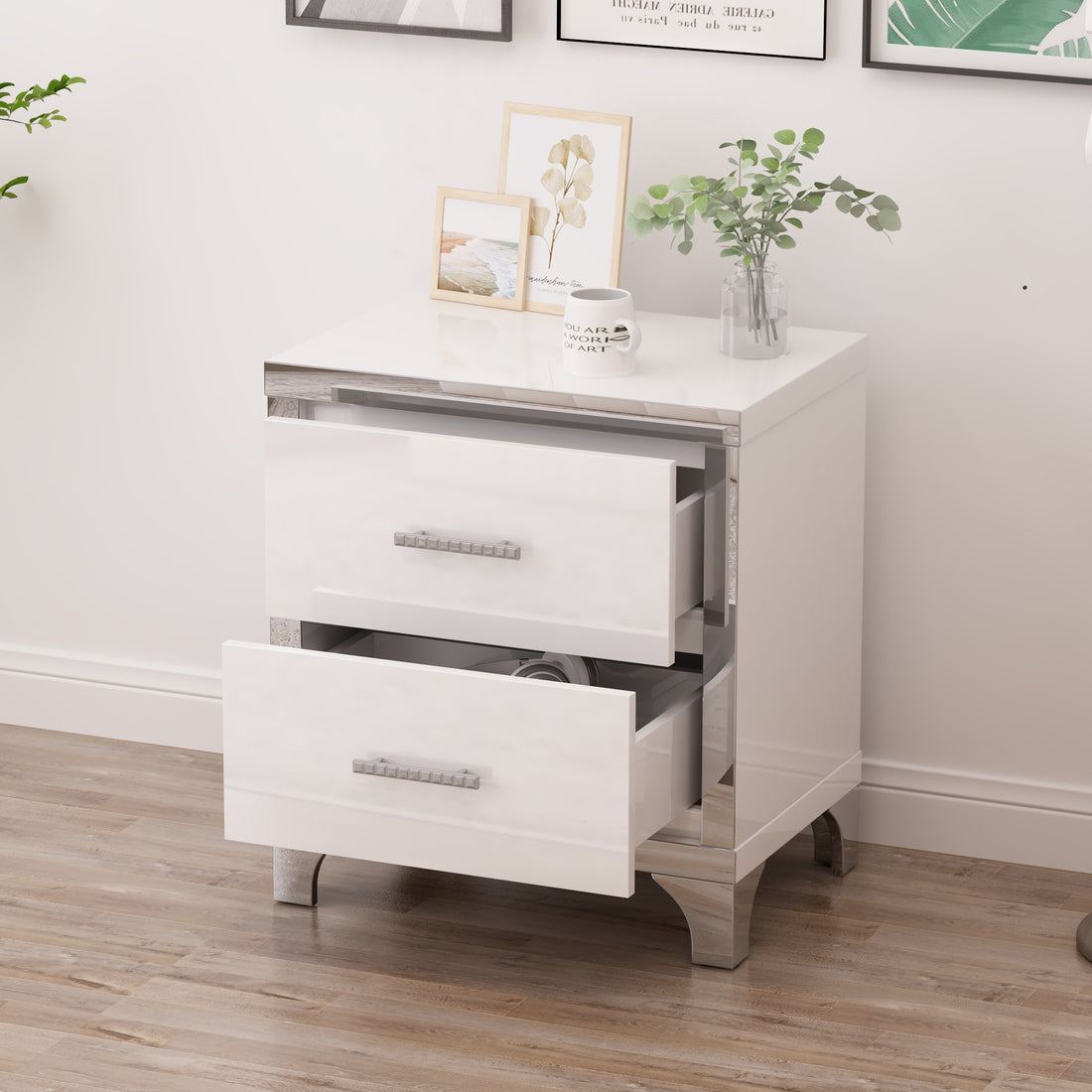 Elegant High Gloss Nightstand With Metal Handle,Mirrored Bedside Table With 2 Drawers For Bedroom,Living Room,White White Particle Board