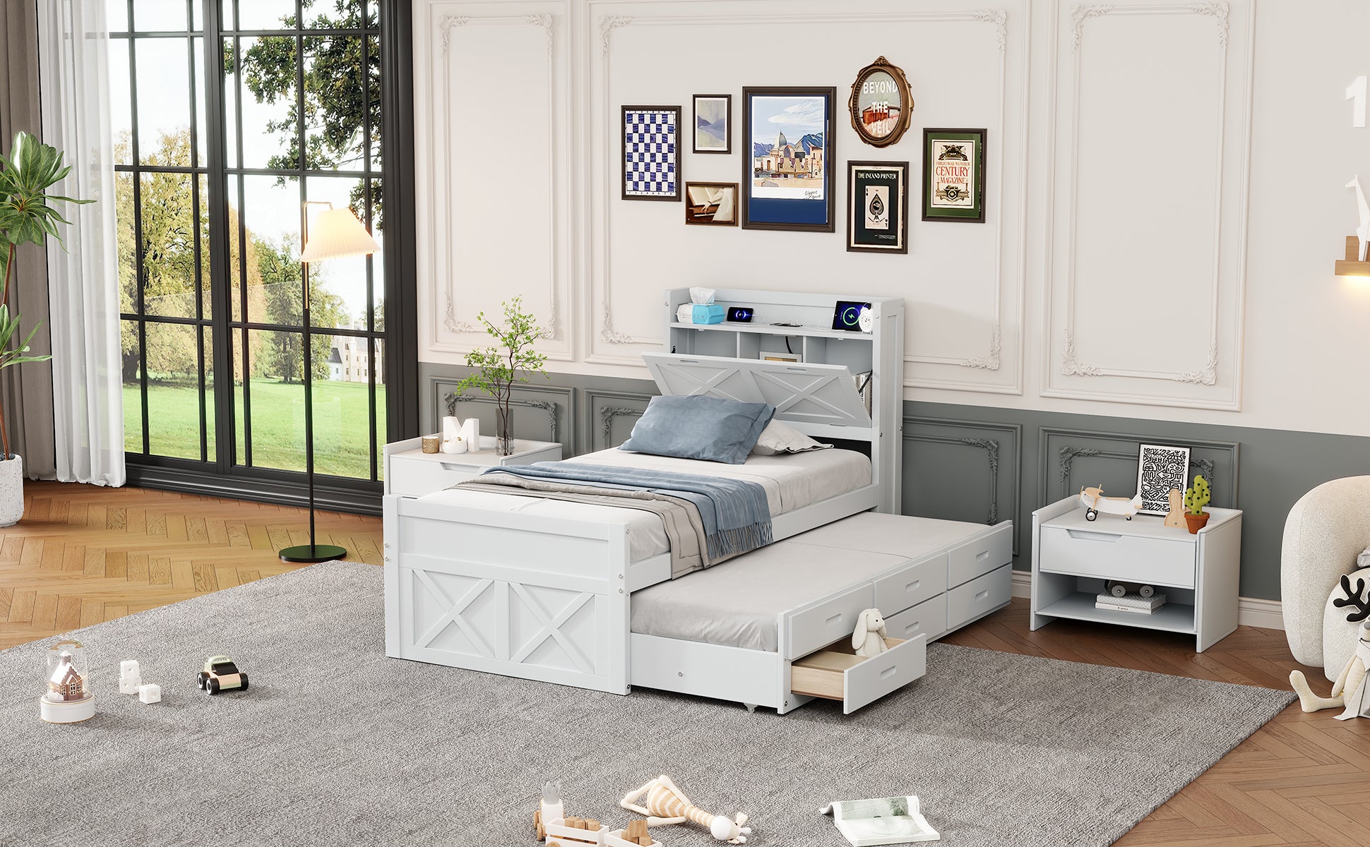 Twin Size Wooden Bed With Storage Headboard With Outlets, Extendable Bed With Twin Size Trundle With Three Storage Drawers,White Twin White Wood