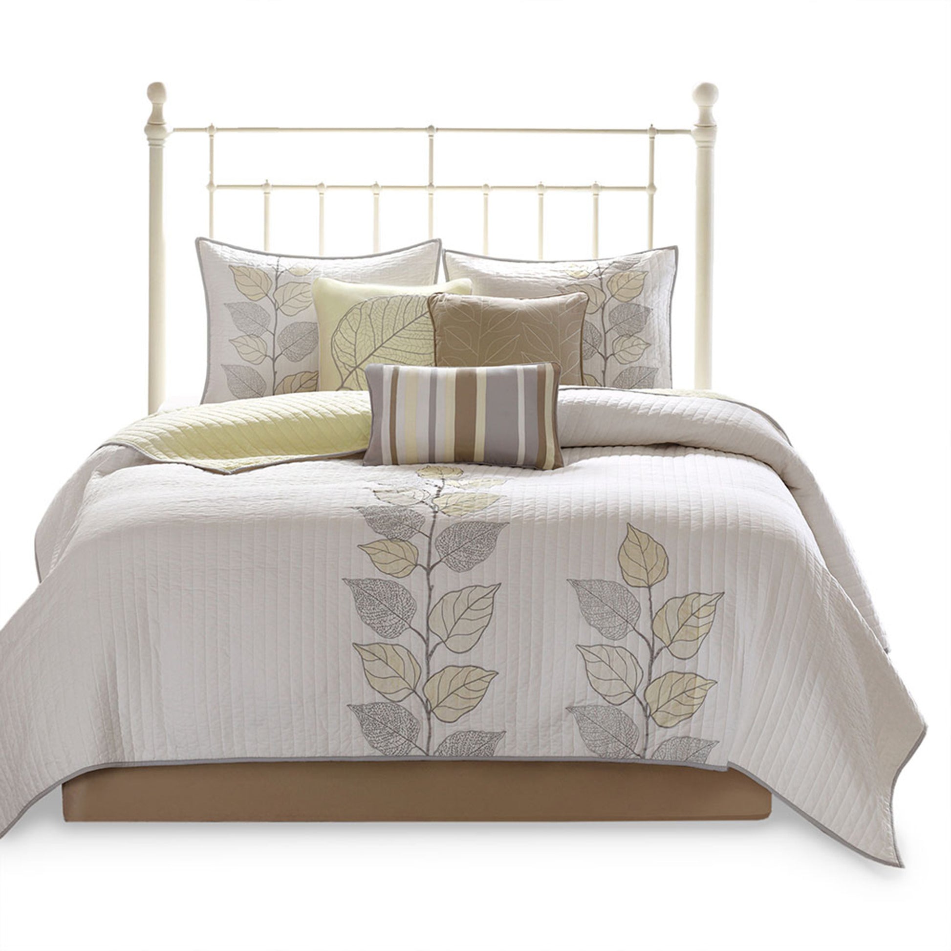 6 Piece Embroidered Quilt Set With Throw Pillows Yellow Full Queen Full Yellow White Cotton