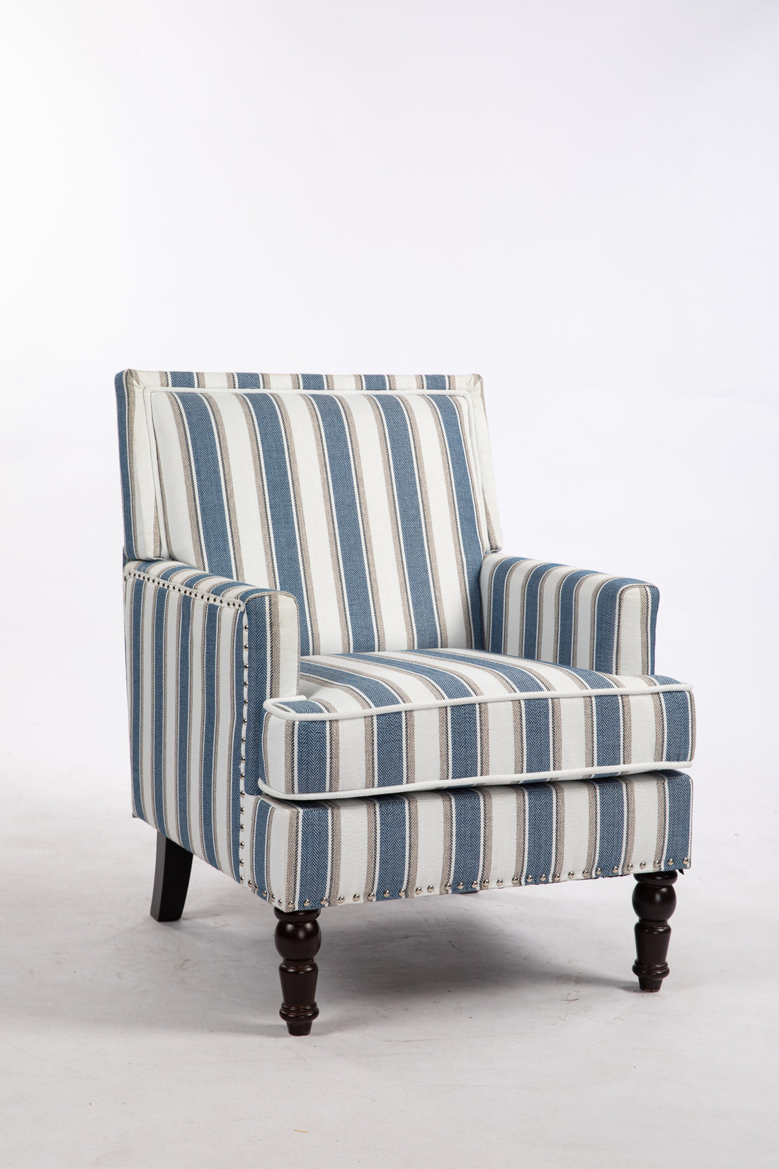 Upholstered Accent Chair, Vintage Armchair With Blue And White Striped Linen Fabric And Trim For Living Room Blue Cotton