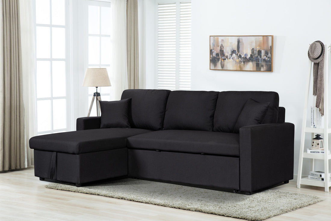 Paisley 82" Black Linen Fabric Reversible Sleeper Sectional Sofa With Storage Chaise Black Linen