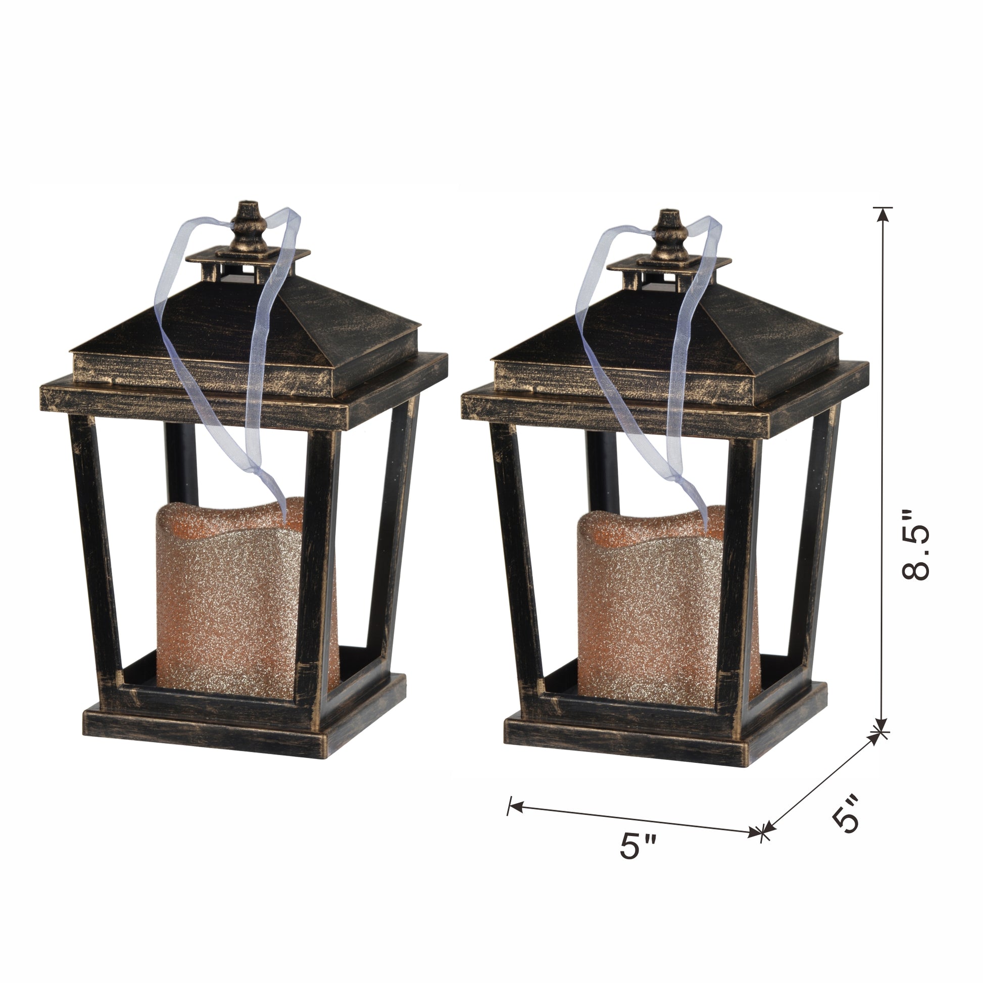 Set Of 2 Menifee Lantern With Led Candle, Short 5X5X8.5" Bronze Antique,Contemporary,Modern Plastic