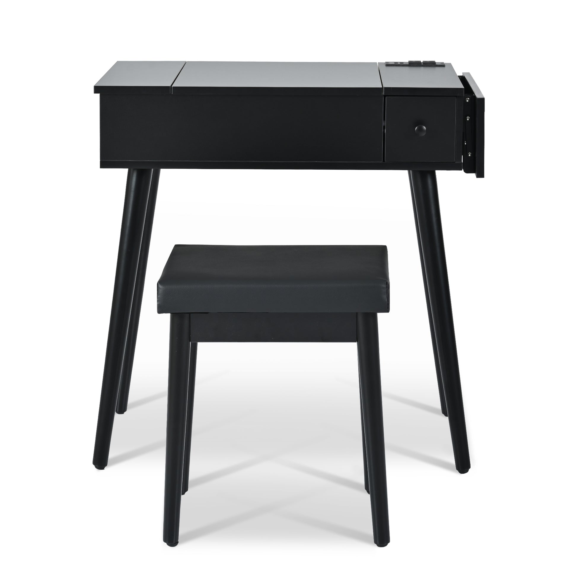 27.9'' Black Makeup Vanity Desk With Flip Top Mirror And Led Light, Dressing Table With Charging Station, 2 Drawers And Fold Up Panel, Vanity Set With Cushioned Stool For Bedroom Black