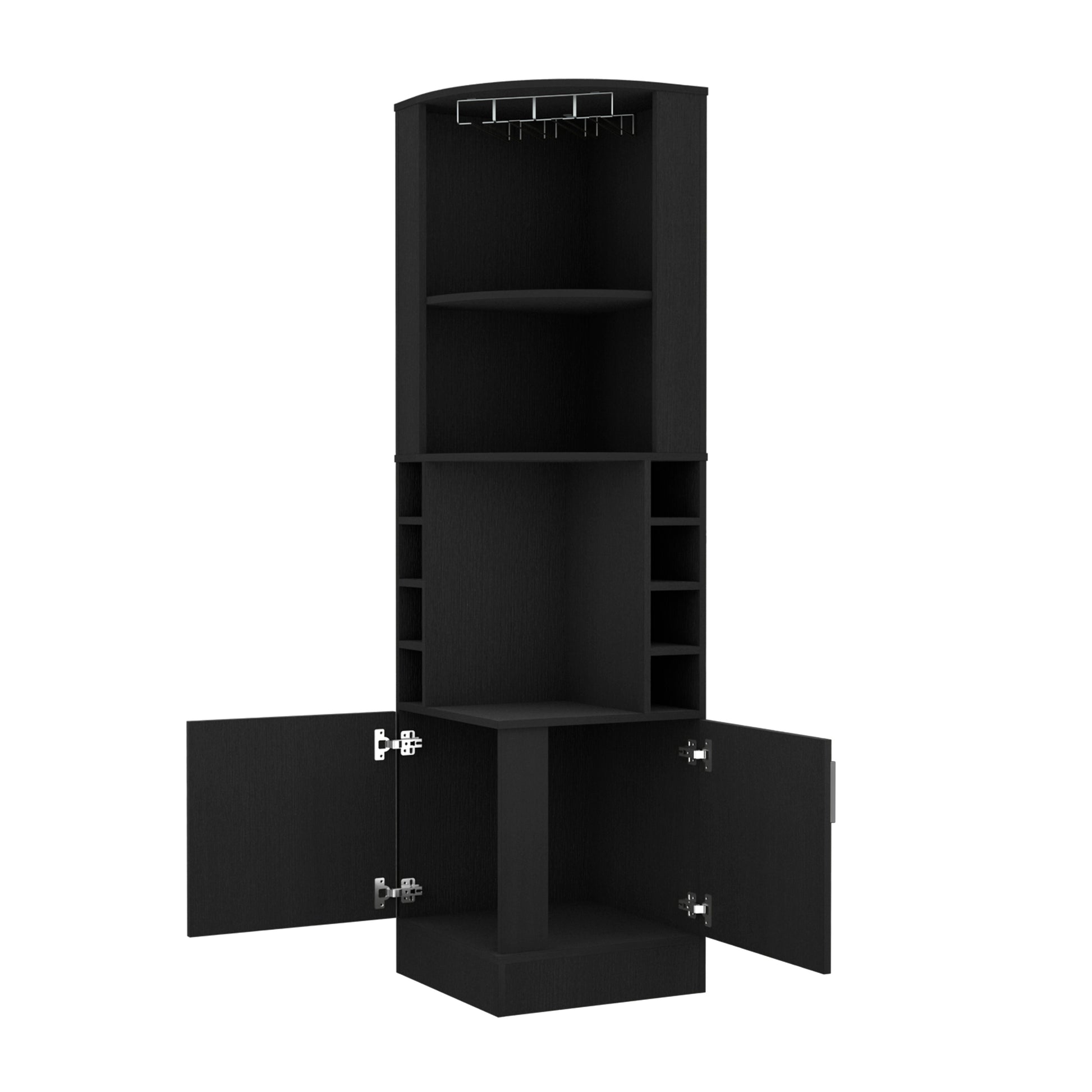 Corner Bar Cabinet, Double Door Cabinet, Glass Rack, Eight Built In Wine Rack, Black Black Solid Wood Mdf Engineered Wood