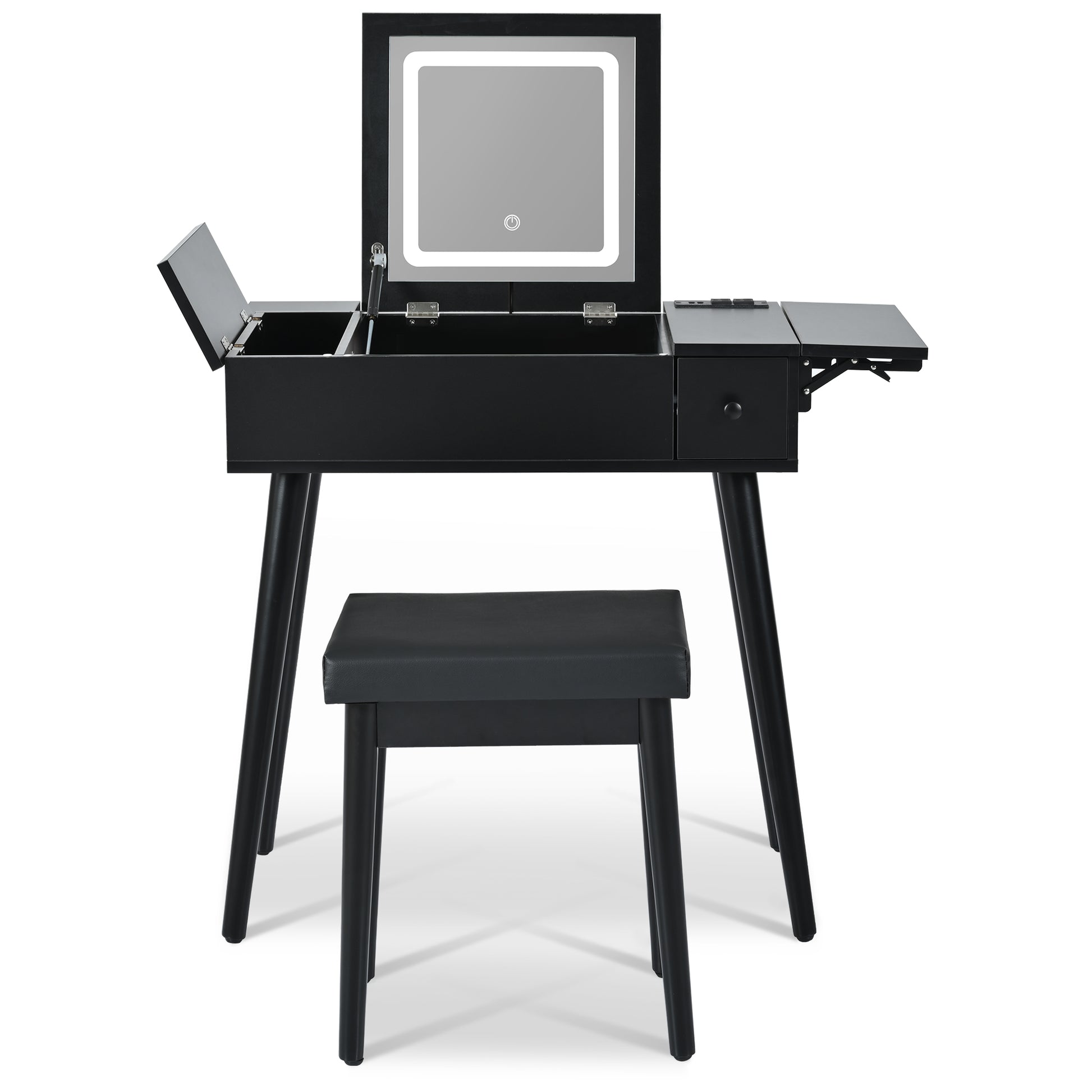 27.9'' Black Makeup Vanity Desk With Flip Top Mirror And Led Light, Dressing Table With Charging Station, 2 Drawers And Fold Up Panel, Vanity Set With Cushioned Stool For Bedroom Black