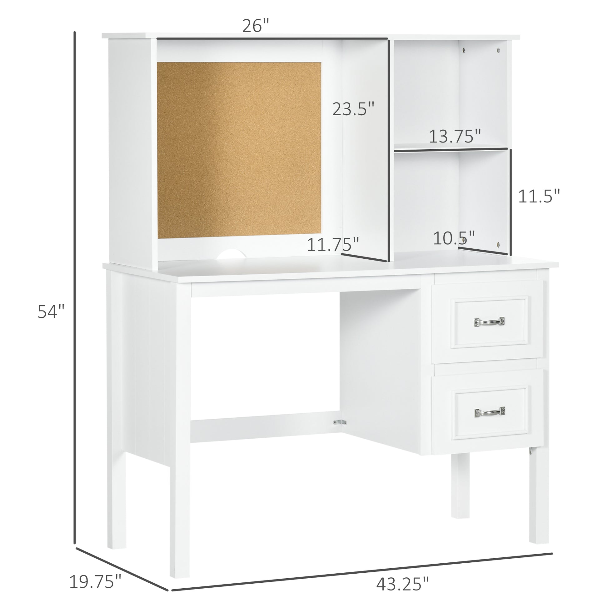 Homcom Computer Desk With Drawers & Shelves, Home Office Desk With Storage & Corkboard, Workstation Table With Cable Hole, White White Mdf