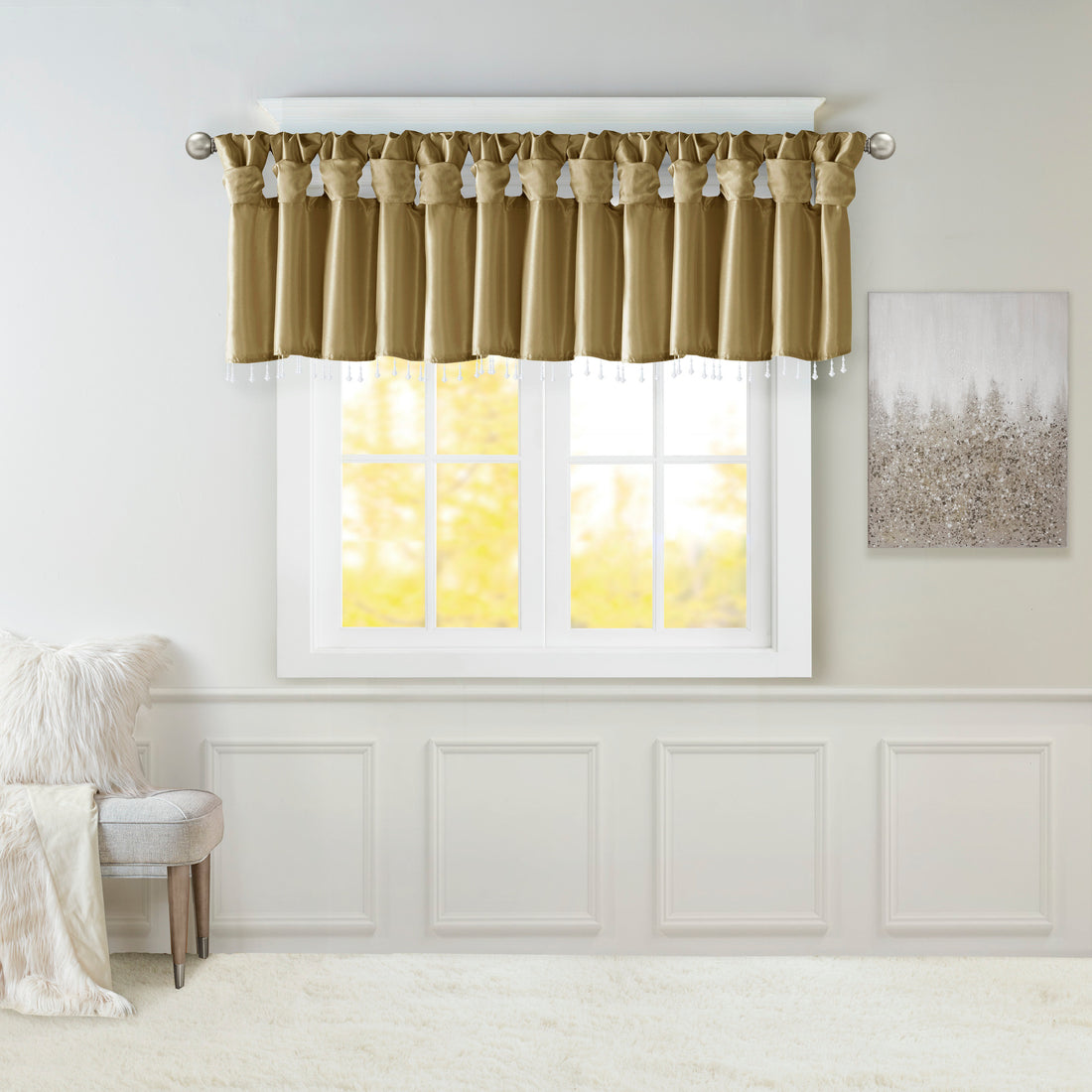 Lightweight Faux Silk Valance With Beads Bronze 50X26" Bronze Microfiber