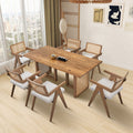 86.61 Inch Oversize Rectangular Waves Dining Table,Wooden Dining Table For 6 Persons,Mid Century Modern Large Kitchen Table For Living Room,Bohemian Dining Table With Rattan Weave For Restaurant Oak