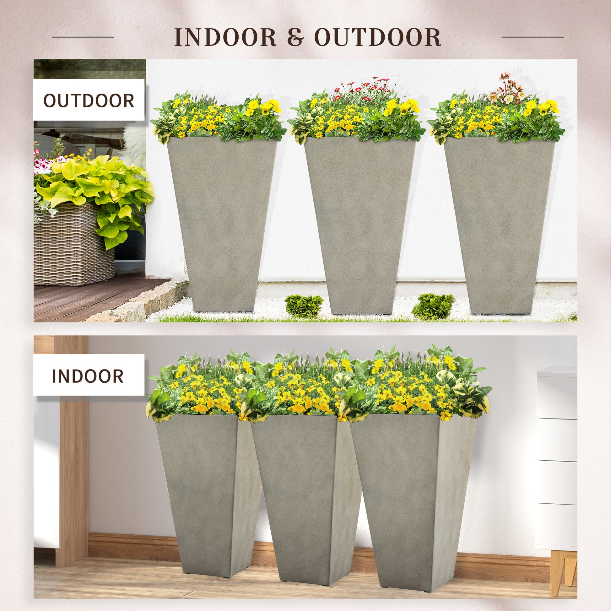Outsunny Set Of 3 Tall Planters With Drainage Hole, 28" Outdoor Flower Pots, Indoor Planters For Porch Patio And Deck, Gray Gray Polypropylene