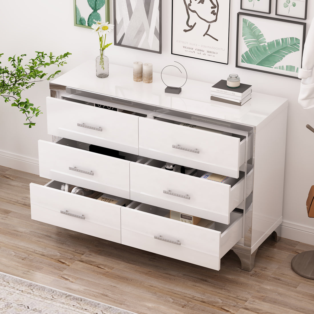 Elegant High Gloss Dresser With Metal Handle,Mirrored Storage Cabinet With 6 Drawers For Bedroom,Living Room,White White Mdf
