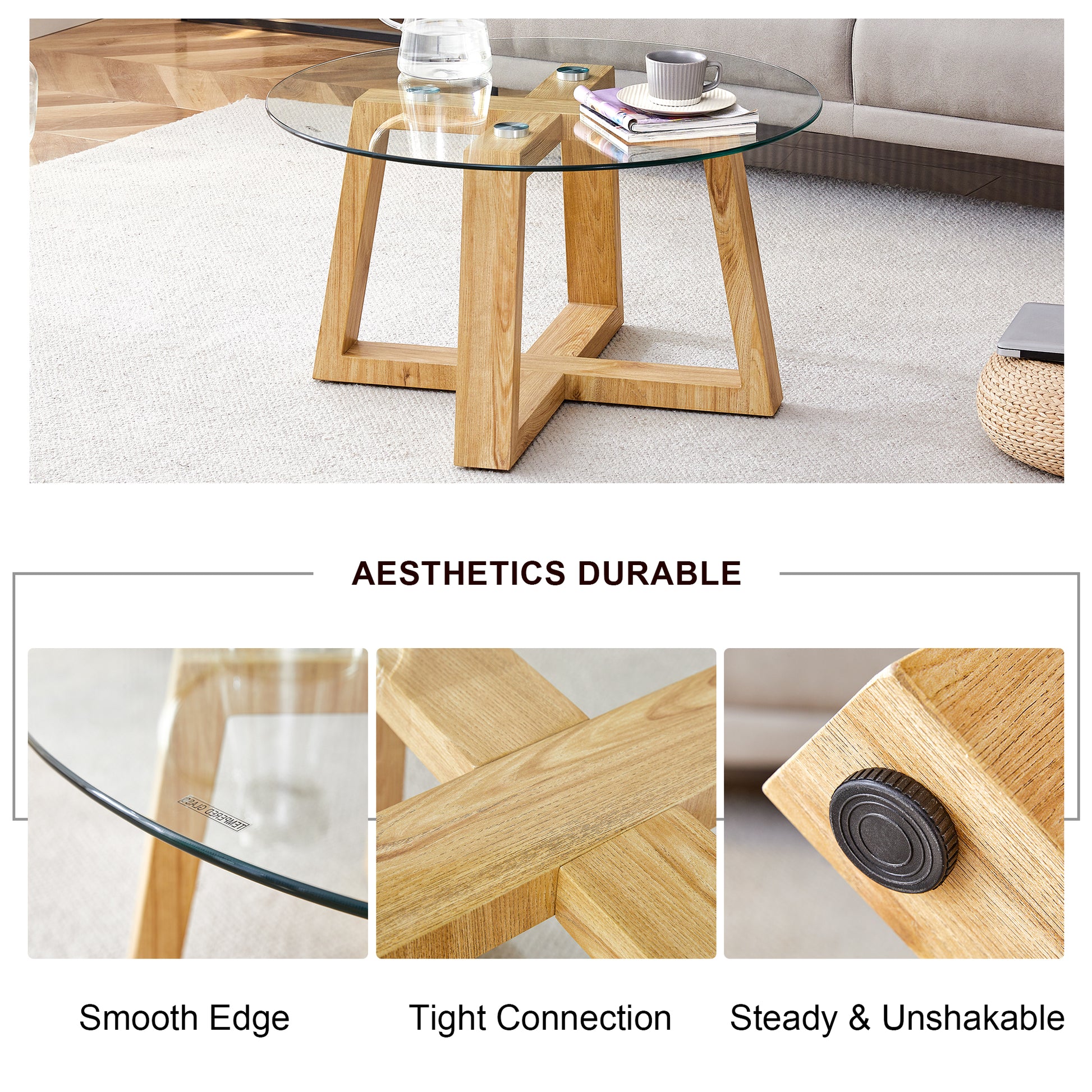 Modern Practical Circular Coffee Tables. Made Of Transparent Tempered Glass Tabletop And Wood Colored Mdf Material. Suitable For Living Rooms And Bedrooms.31.5"*31.5"*17.7" Transparent Glass
