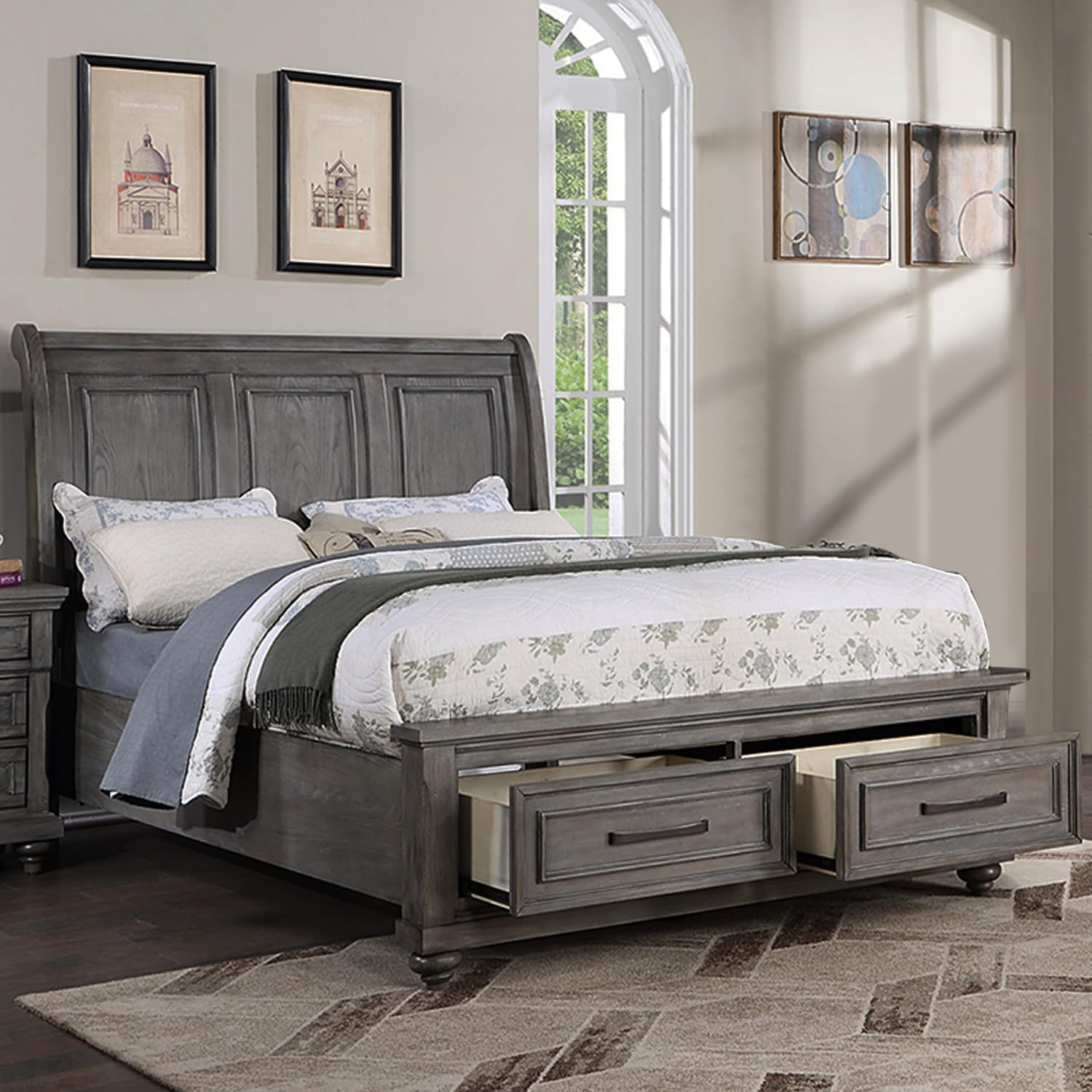 Eastern King Size Bed W Under Bed Drawer Vintage Look Gray Color Beautiful Panel 1Pc Bedframe Bedroom Box Spring Required King Antique Gray,Gray Wood Bedroom Contemporary,Modern,Transitional Storage