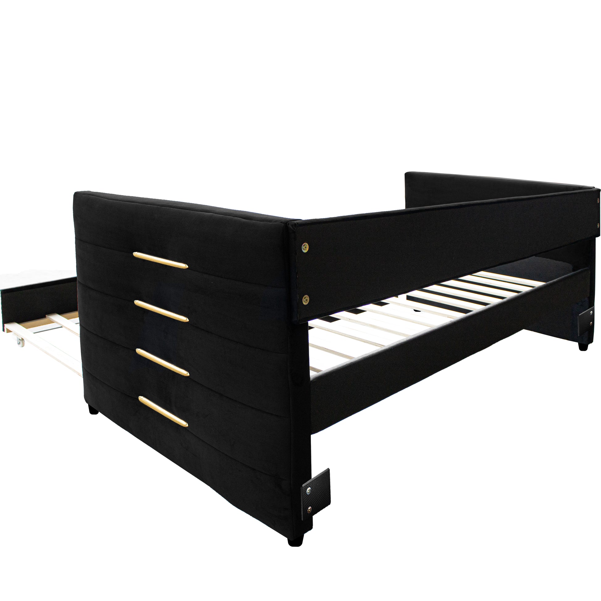 Black Upholstered Twin Size Daybed With Trundle, Velvet Fabric, Gold Iron Bar Design, No Springs Required, Moderen Style Box Spring Not Required Twin Black Wood Espresso Bedroom Minimalist,Modern,Ultra Modern Rubberwood Fiber Foam And Polyester Fiber Pad
