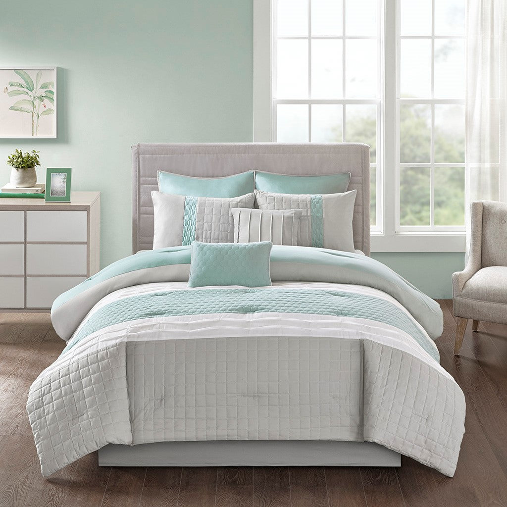 8 Piece Comforter Set Seafoam Grey Queen Queen Multicolor Polyester