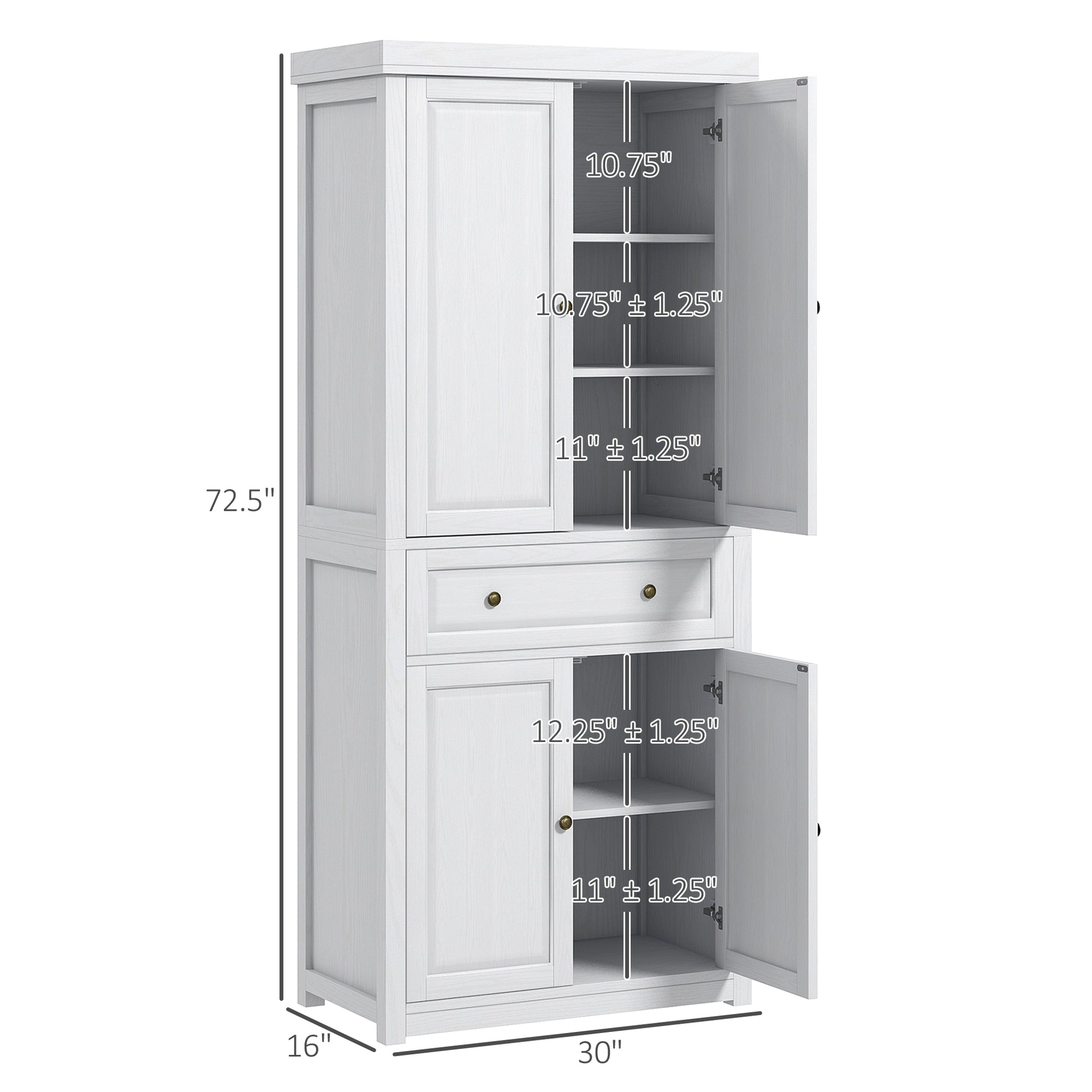 Homcom 72.5" Tall Farmhouse Kitchen Pantry Storage Cabinet, Freestanding Kitchen Cabinet With 4 Doors, Drawer And Adjustable Shelves For Dining Room, Distressed White White Mdf