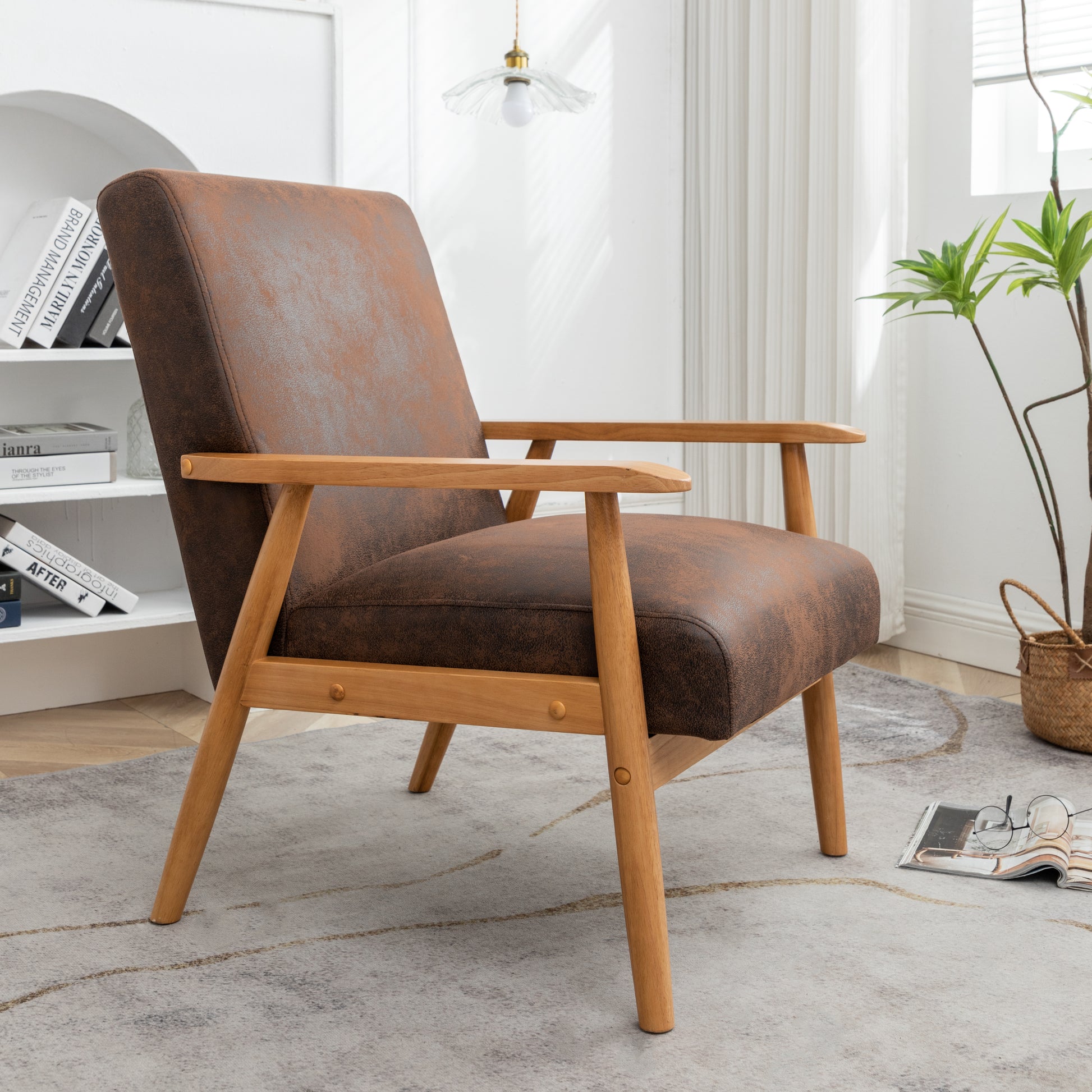 25.38'' Wide Classic Mid Century Modern Arm Chair, Light Brown Light Brown Microfiber