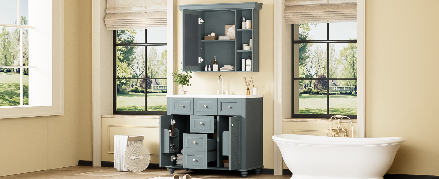 36'' Bathroom Vanity With Medicine Cabinet, Modern Mirror Cabinet With Adjustable Shelf, Bathroom Storage Cabinet With 2 Soft Closing Doors And 2 Drawers, Bathroom Vanity With Cabinet Door Organizers 2 Blue 2 Bathroom Freestanding French Country Solid