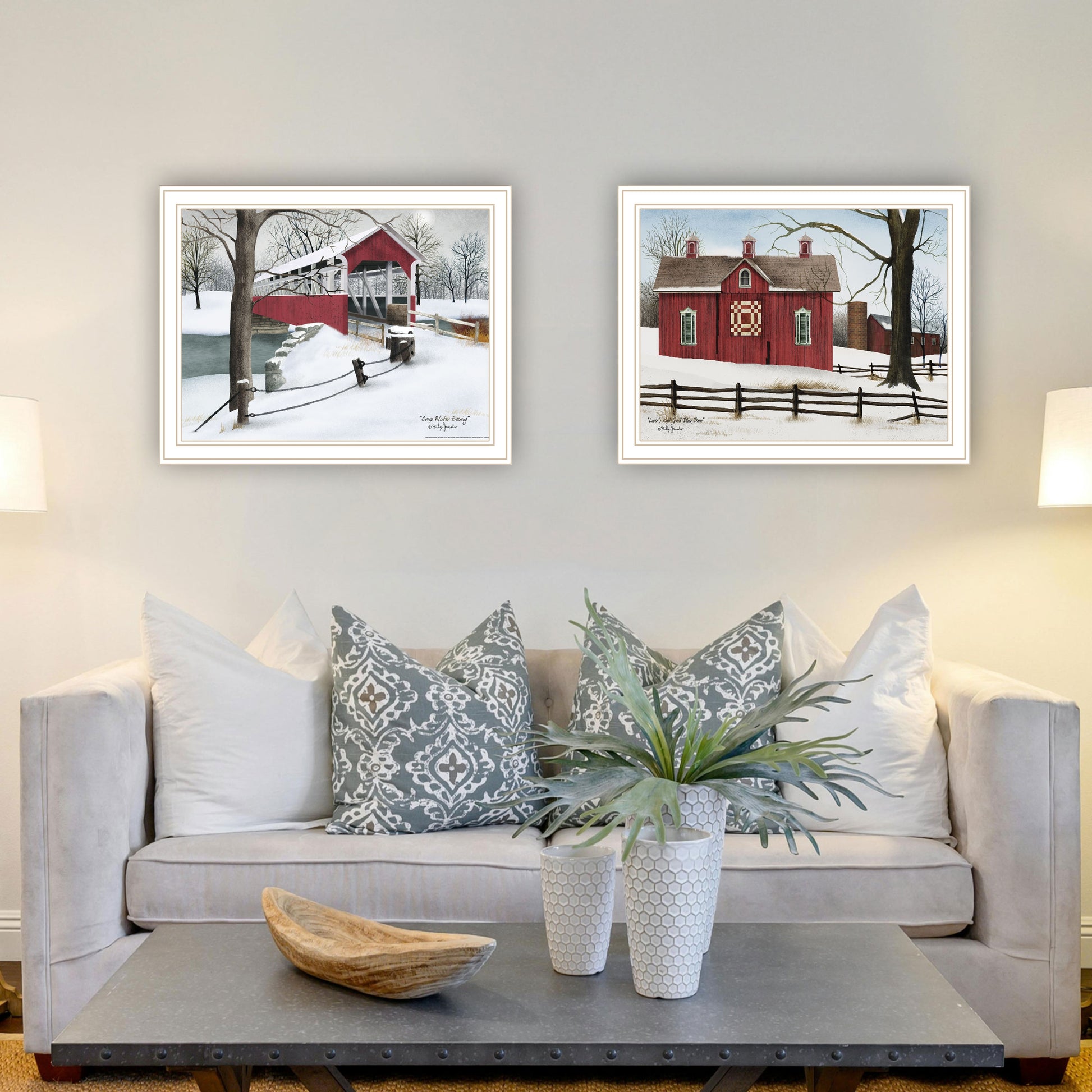 2 Piece Vignette Lovers Knot Quilt Barn, Covered Bridge White Framed Wall Art For Living Room, Bedroom Wall Art Print For Home Decor By Billy Jacobs Multi Wood Paper